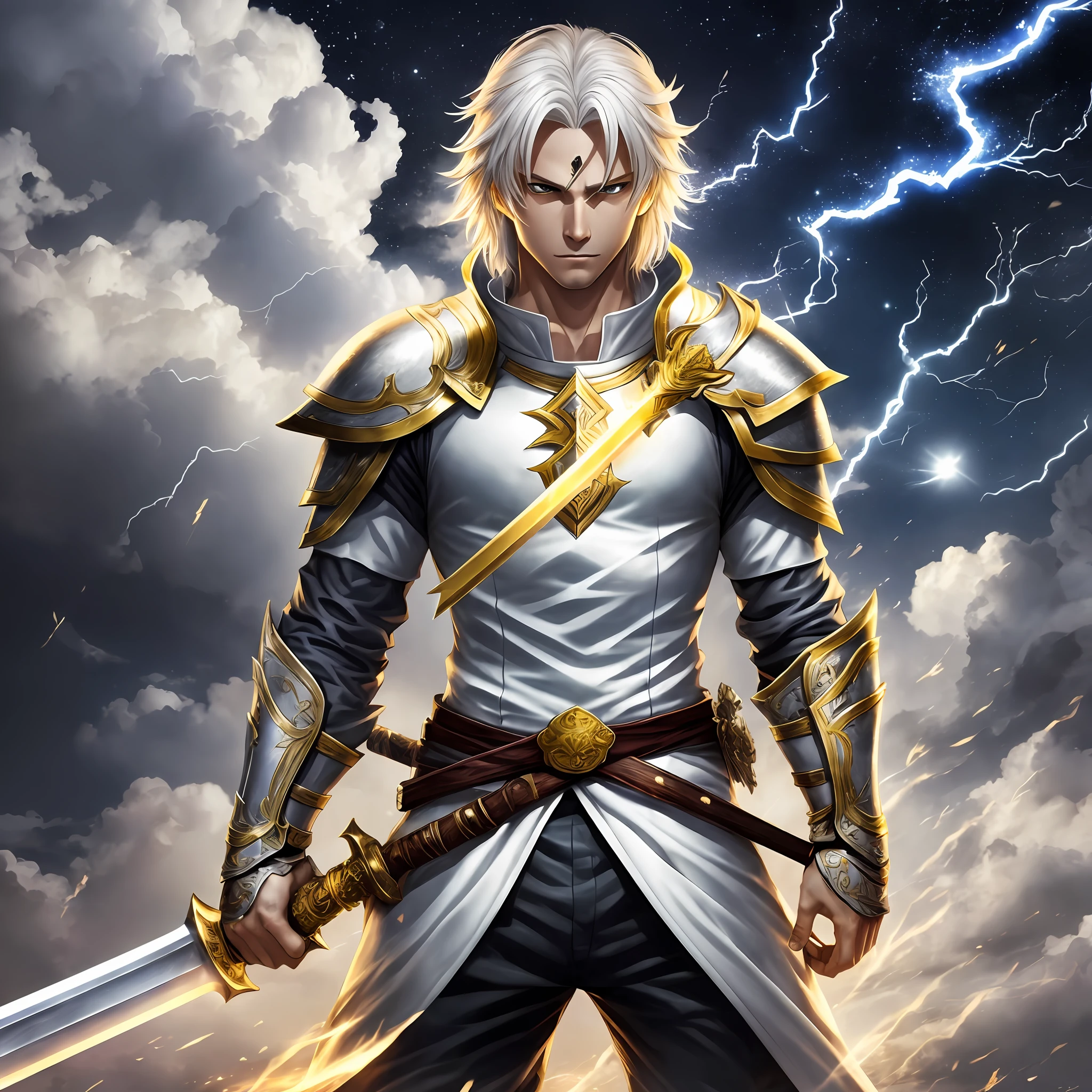 Swordsman,white,blonde,with a yellow sword,with lightning eyes,at night,full moon,hd,best picture,wallpaper,anime photography,drawing,hd --auto --s2