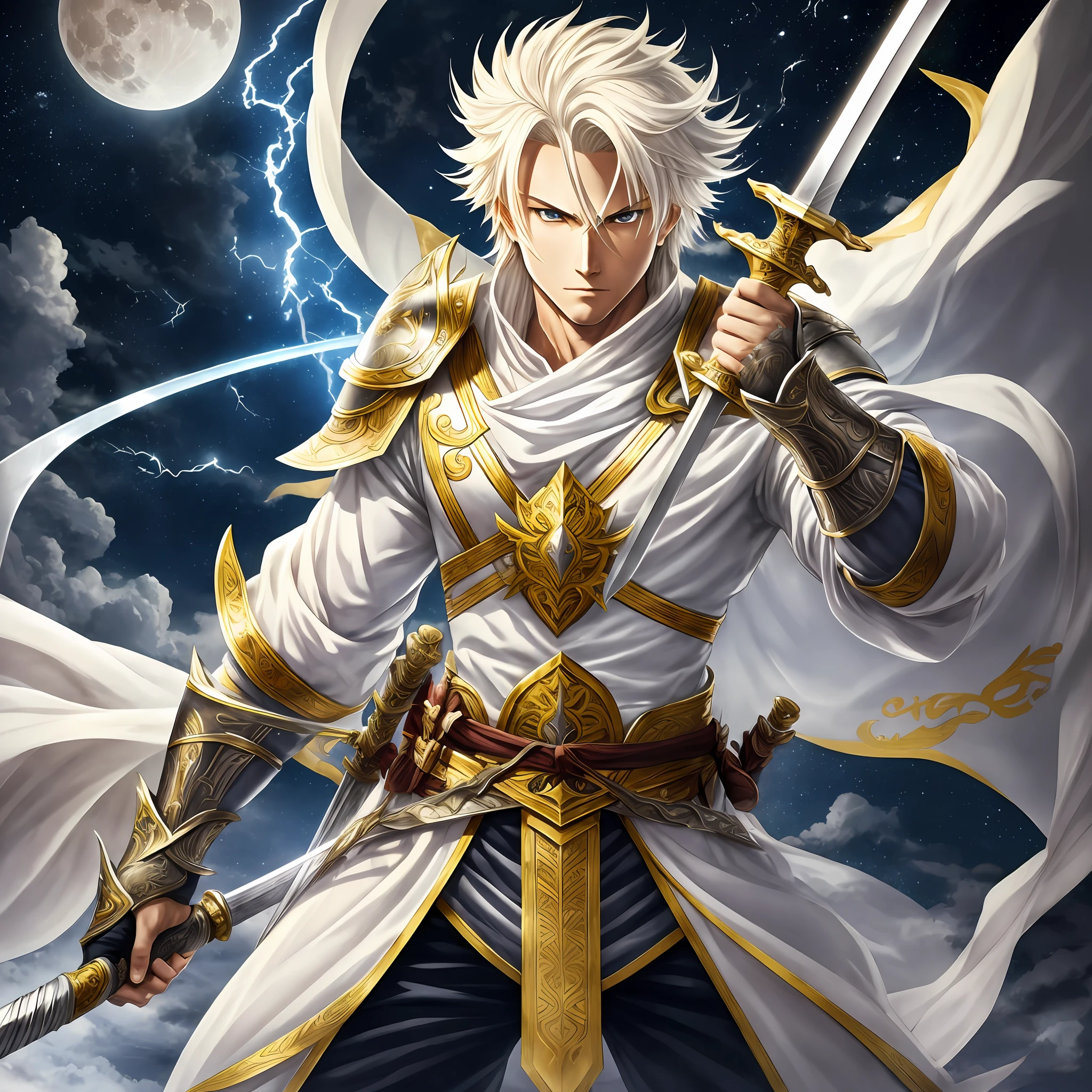 Swordsman,white,blonde,with a yellow sword,with lightning eyes,at night,full moon,hd,best picture,wallpaper,anime photography,drawing,hd --auto --s2
