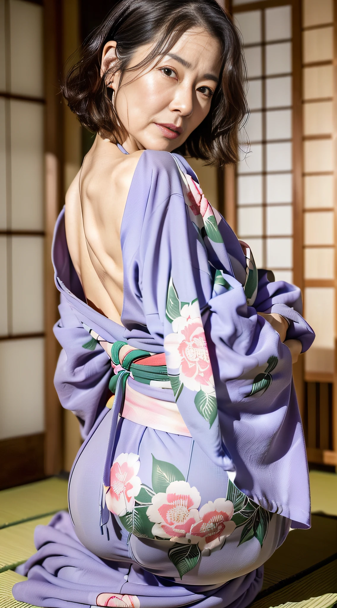 Real skin, photoreal, (((1 person only photo))), (((Beautiful Japan woman at 55 years old)), (Wrinkles at the corners of the eyes are noticeable: 3), (Wrinkles around the tear bags are noticeable: 3), (Wrinkles around the eyes are noticeable: 3), (Wrinkles on the nape of the neck are noticeable: 3), (Nasolabial folds on the face are noticeable, sagging and wrinkles on the face and body: 3), (Beautiful 55-year-old Japan woman posing in the photo)), (Kimono, shoulders), (, back, kneeling, butt up), (sexy face, sexy face, beautiful face), full body shooting, hair curly hair, married woman model, realistic, sensual and sophisticated gravure 55 year old mature woman,