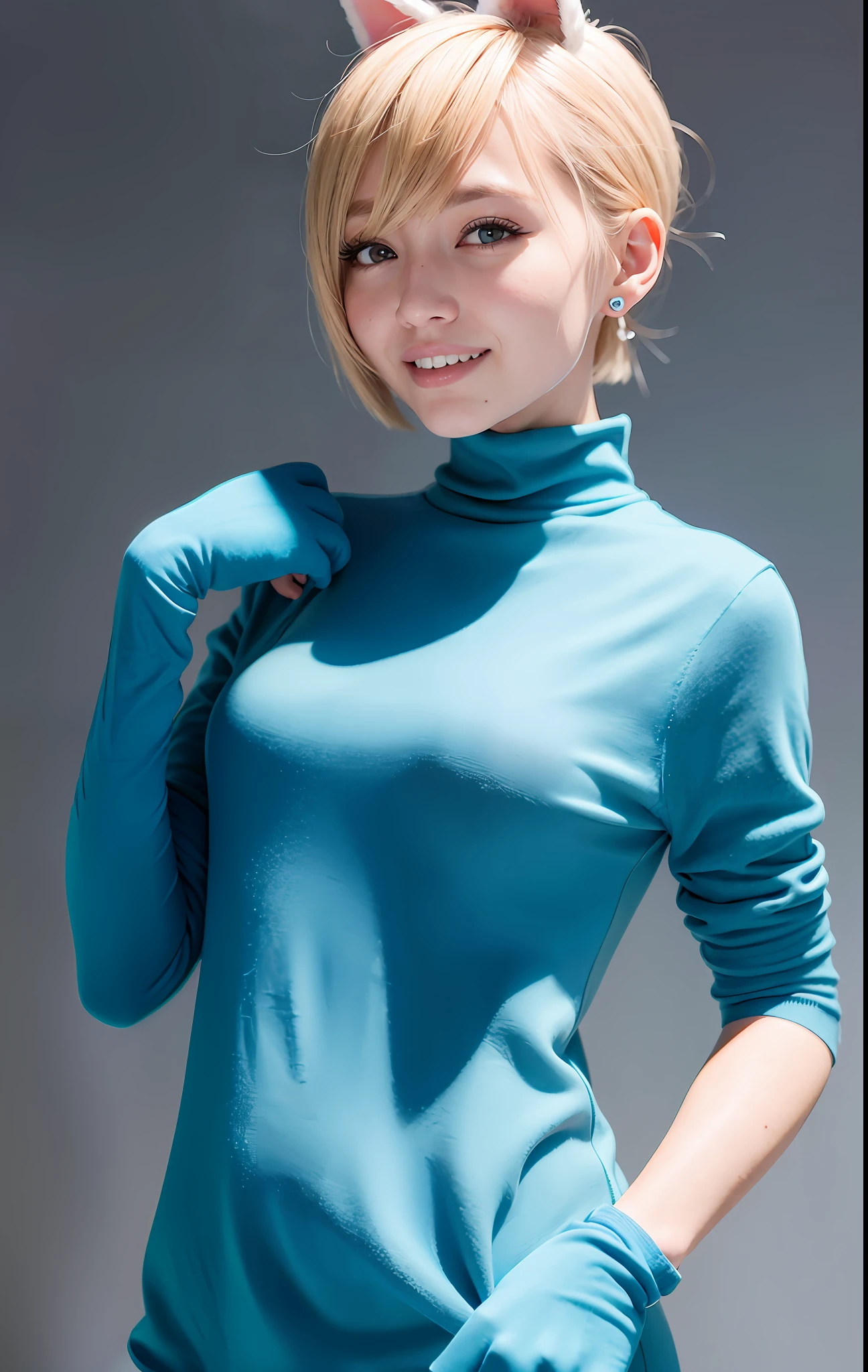 masterpiece, top quality, official art, highly detailed CG unity 8k wallpaper, single girl, ultra high definition, (photorealistic: 1.4), golden hour lighting, sweater dress, (upper body), (Kpop Idol), (charming: 1), (platinum short hair: 0.8), ((puffy eyes)), looking at the viewer, facing forward, smiling, laughing,middle chest, shirt lift, gloves,shorthair, ( blue dog ears),