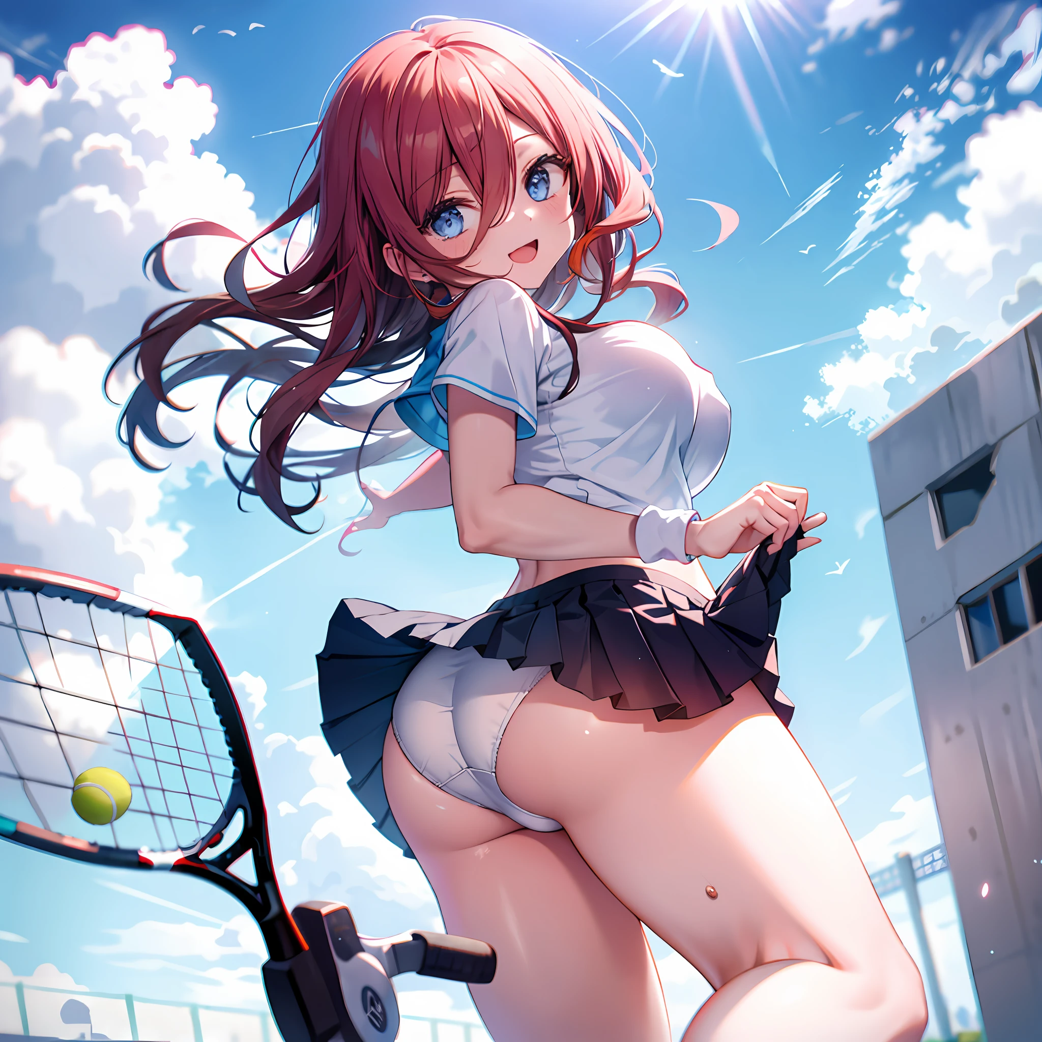 absurdres, highres,
BREAK
looking at viewer, cowboy shot, (from below:1.5)
BREAK
(vivid-color:1.3)
BREAK
(one girl :1.3), (li:1.2),red hair, blue eyes, tennis uniform, hairclip, earrings, jewelry, nm1, headphones around neck, tennis cosplay, (dark pleated super short skirt:1.4), (thighs:1.3), (Very pretty white panties:1.2), back facing, skirt lift, show off panties, lifted by self,(large ass), (ass view:1.6),large breasts, (smile face:1.3), open mouth, (breast:1.3), ass, round eyes, (blowing in the wind:0.5), sweat around girl, dripping sweat, squall (wind:1.2), sense of speed, refreshing breeze, motion blur effect, wind, (no pants visible:1.4)
BREAK
background is (tennis court:1.3), (10,000 people spectators,:1.3), multiple people behind you, blue sky with clouds, outdoors, (magnificent panorama view:1.2), wind
BREAK
sunlight, magnificent view, rainbow in the sky, light particles, dynamic angle, dutch angle, perspective
BREAK
(daytime, sunbeam:1.2), depth of field, bokeh, light leaks, (chromatic aberration:1.2), noon
BREAK