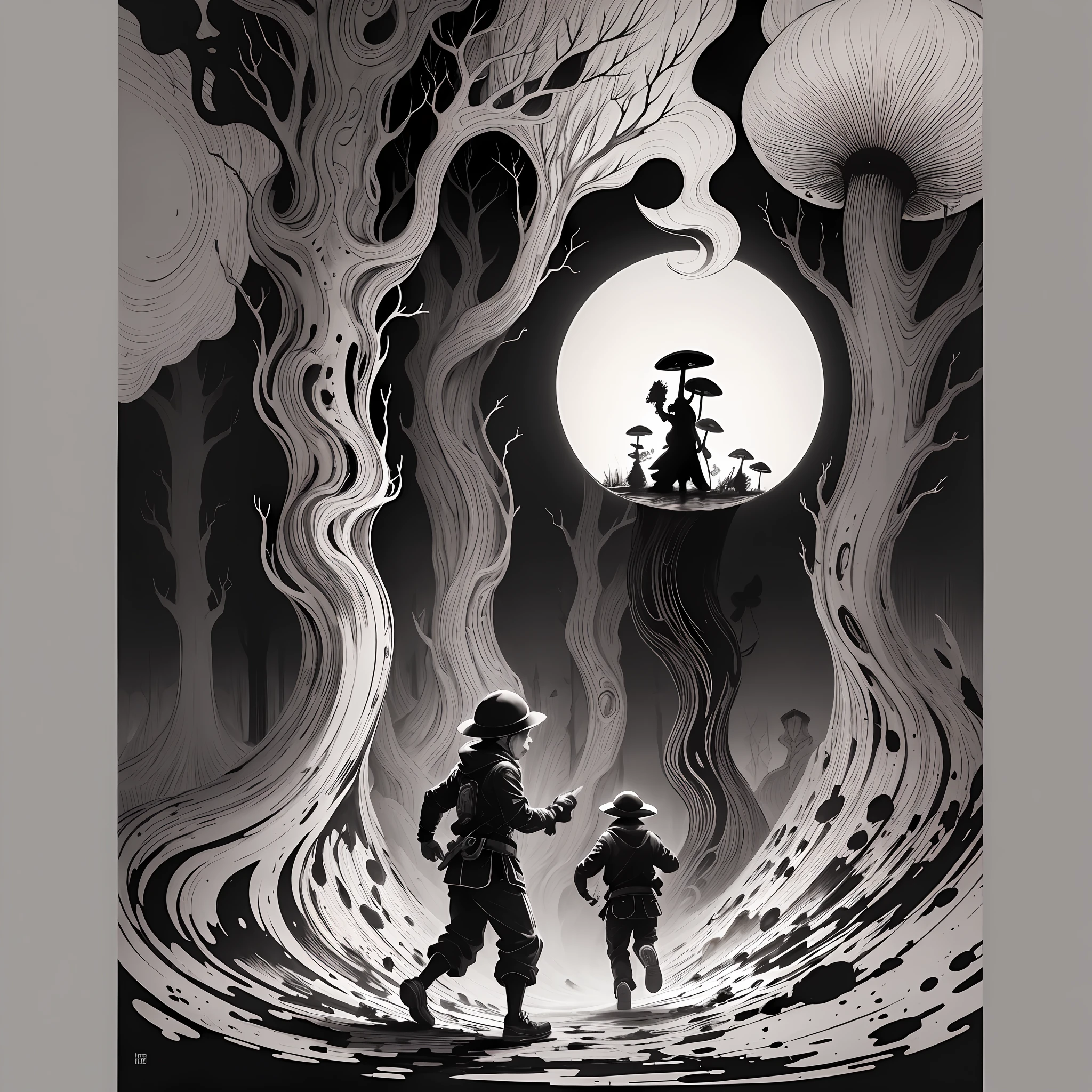 Mushroom Forest, Two Men Running in the Mushroom Forest, Abstractionism, Contemporary Art, Multi-monochrome, Masterpiece, Inspired by Picasso, Ink Painting, Ink Art, Very Coherent Artwork, Ink Painting, Ink Painting, Animated Disney Movie Ink, Ink Painting, Ink Painting, Comic Painting, Ink Sketch, Cartoon, Inspired by Toriyama Seki, Ink Under Drawing, Extremely Fine Ink Line Art, Sketch Art, by Irvin Bomb, Thick Line Ink --auto --s2