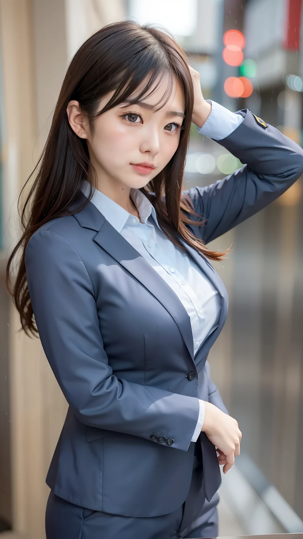 Japan girl, girl in her twenties, just good breasts, perfect breasts, perfect skin, wet hair, perfect, dark hair, brown eyes, office lady, navy suit up and down, light blue shirt, rain, shiny, luminous, city,