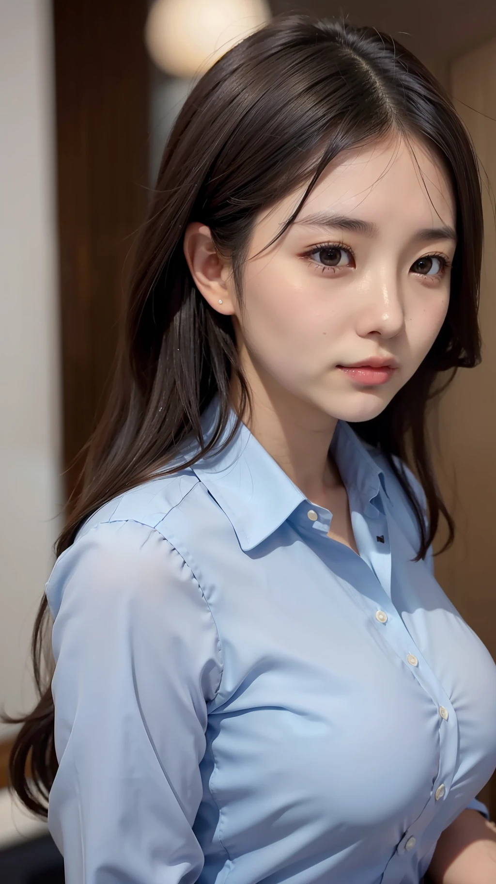 Japan girl, girl in her twenties, just good breasts, perfect breasts, perfect skin, wet hair, perfect, dark hair, brown eyes, office lady, navy suit up and down, light blue shirt, rain, shiny, luminous, city,