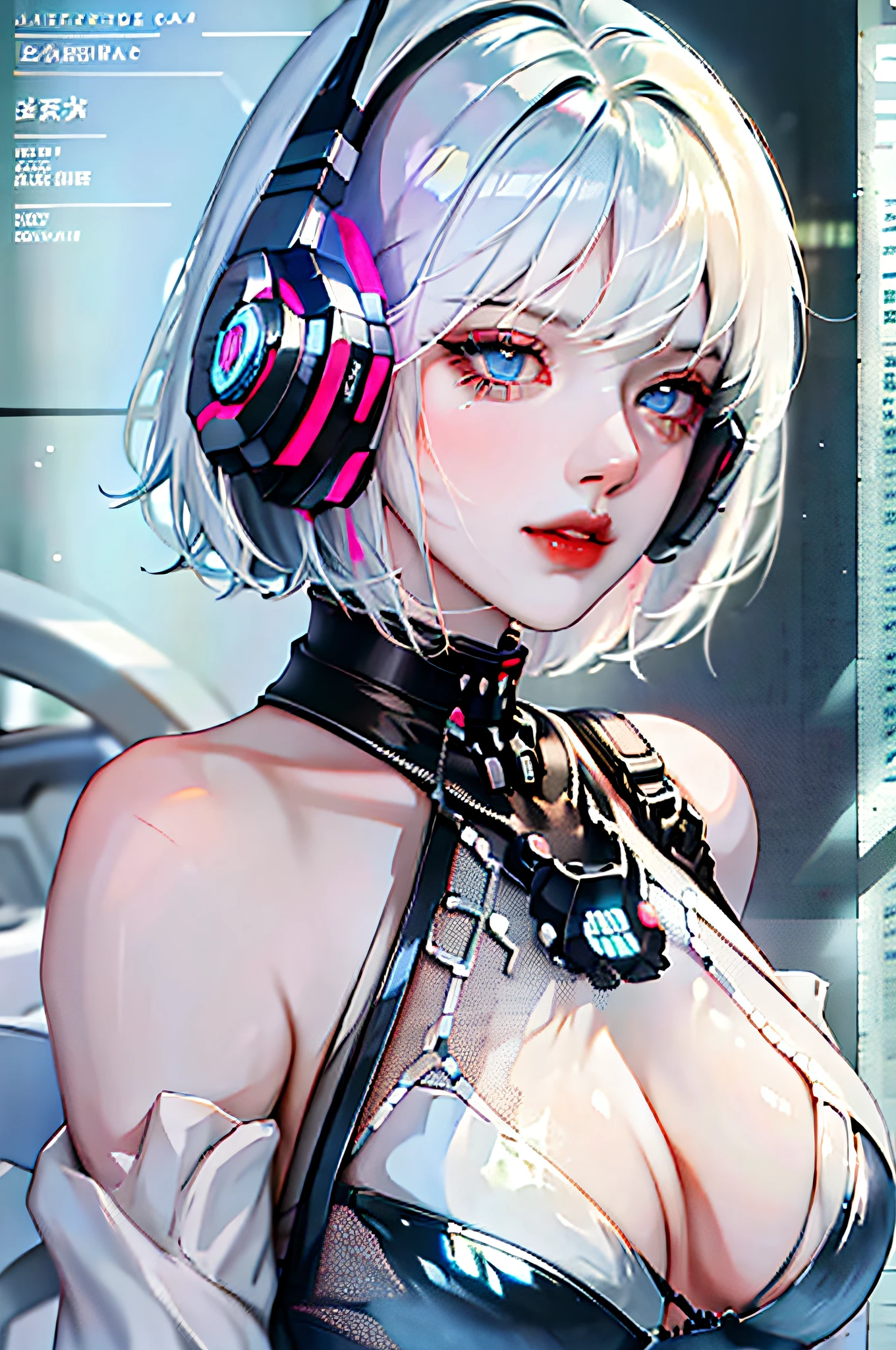 1girl, bangs, white hair, blue eyes, fashi-girl, bob cut, short hair, cleavage, collarbone, open coat, mecha, cyberpunk, neon, big breasts, milf, shiny skin, rain, water drops, badass, seductive, mecha girl, ghost in the shell, red lips, side vision, shut up, headphones, movie lights, 8k,