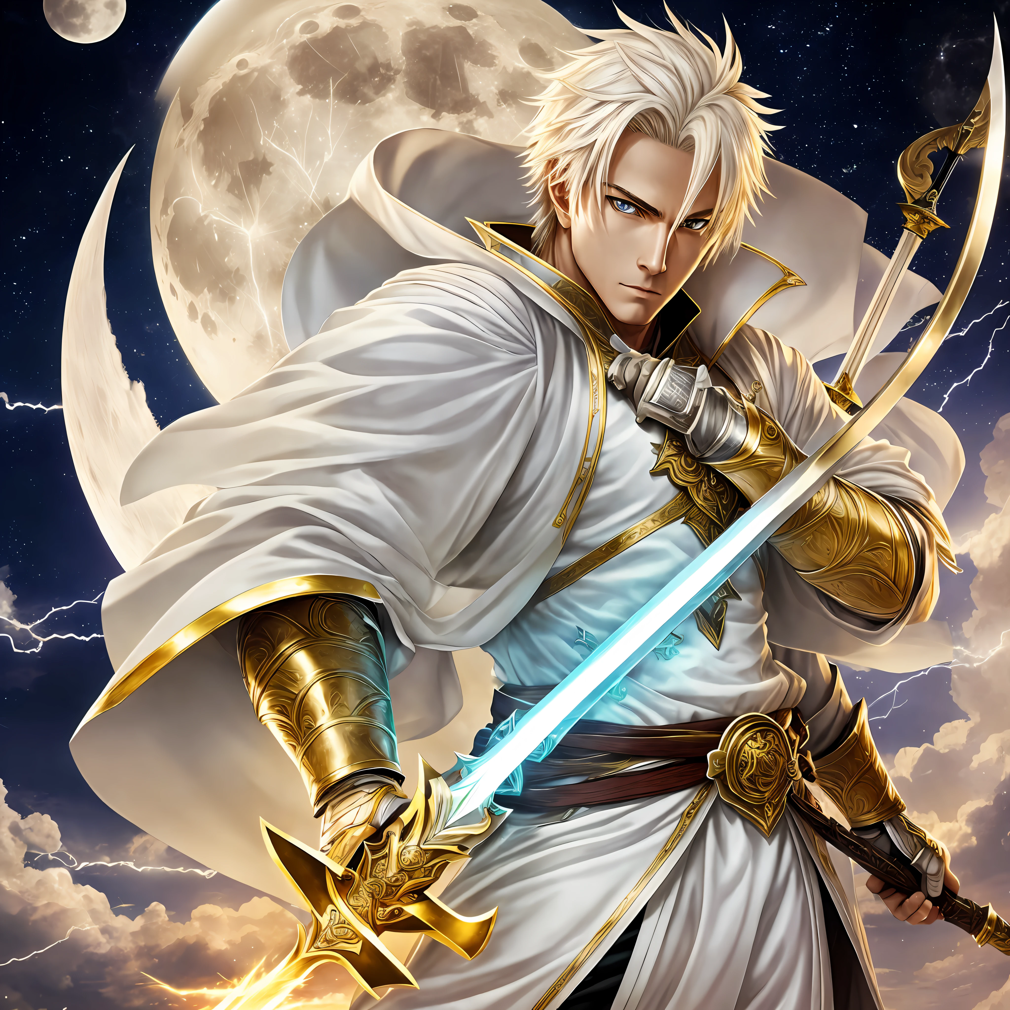 Swordsman,white,blonde,with a yellow sword,with lightning eyes,at night,full moon,hd,best picture,wallpaper,anime photography,drawing,hd --auto --s2