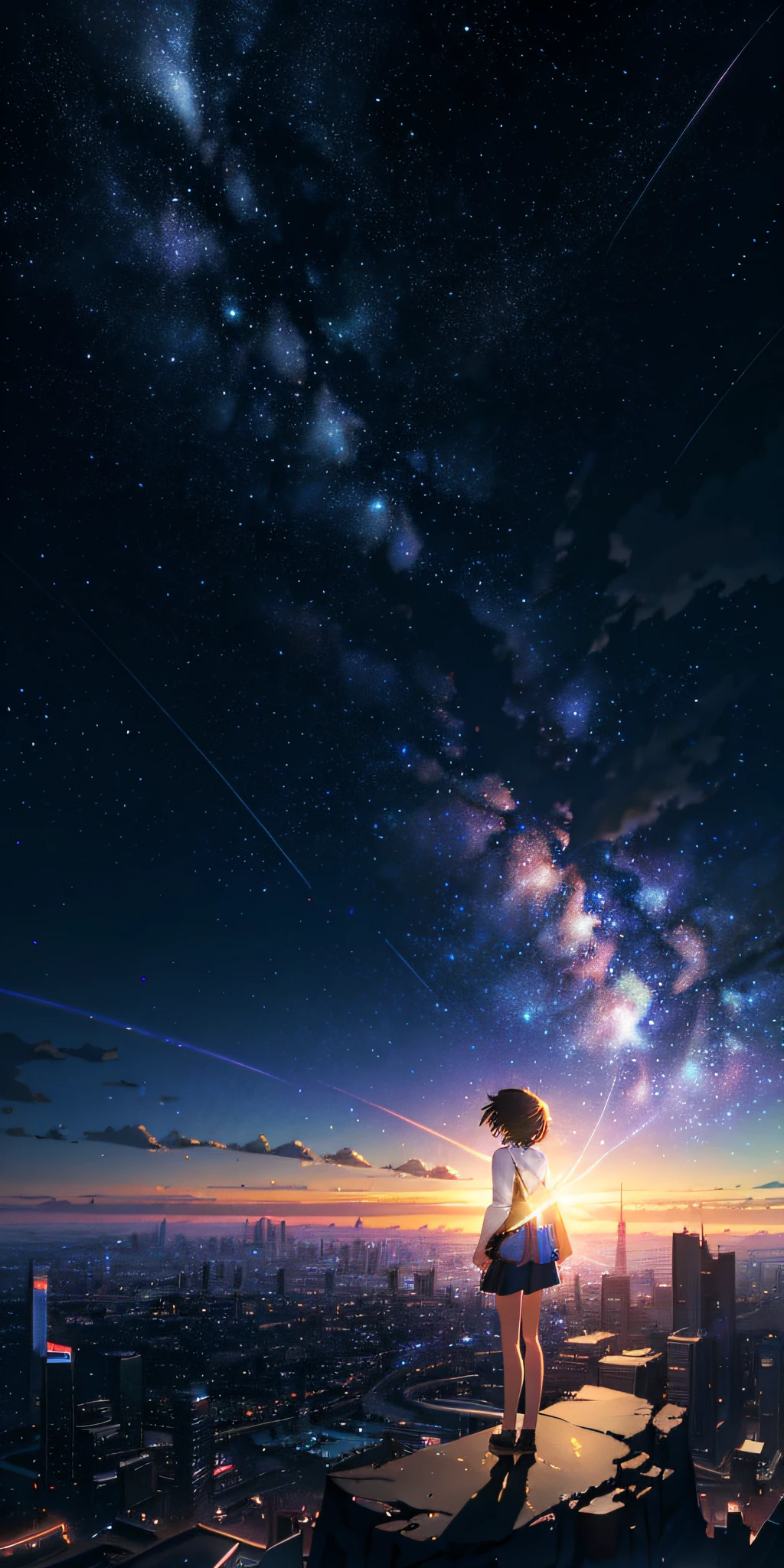 Summer, Makoto Shinkai's concept art, night, starry sky, galaxy, magical realism, beautiful anime scene, beautiful sky. by Makoto Shinkai, ((Makoto Shinkai)), anime background art, anime background, Makoto Shinkai style, anime movie background, Galaxy Express, no humans.