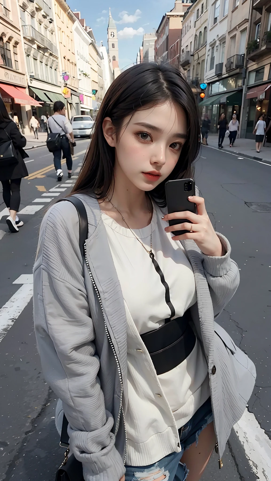 Beautiful woman, fiddling with cell phone in the middle of the street, short clothes