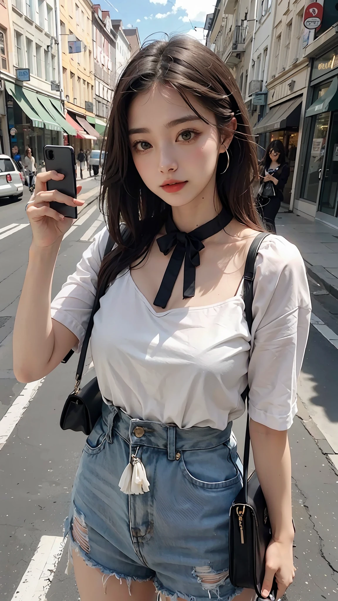 Beautiful woman, fiddling with cell phone in the middle of the street, short clothes