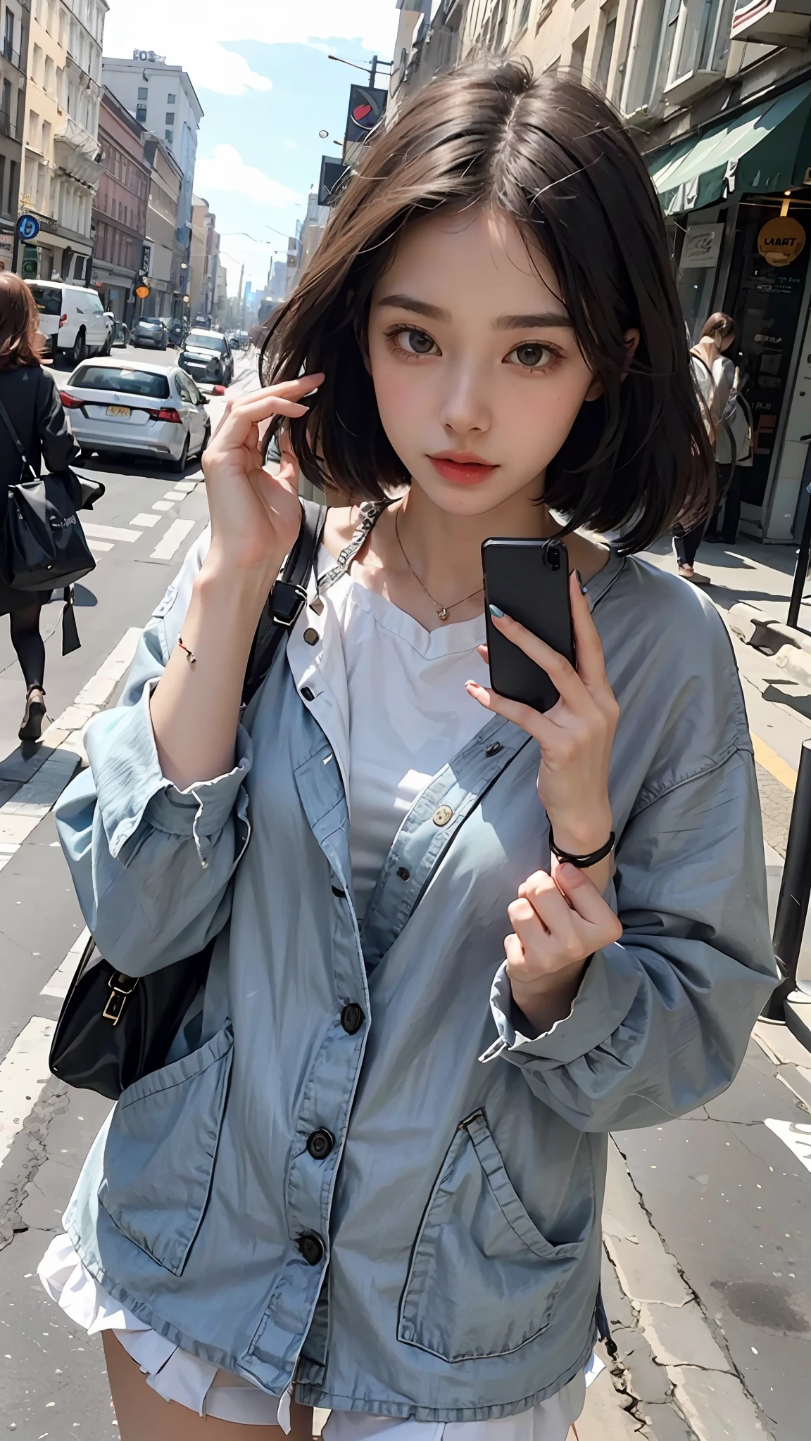Beautiful woman, fiddling with cell phone in the middle of the street, short clothes