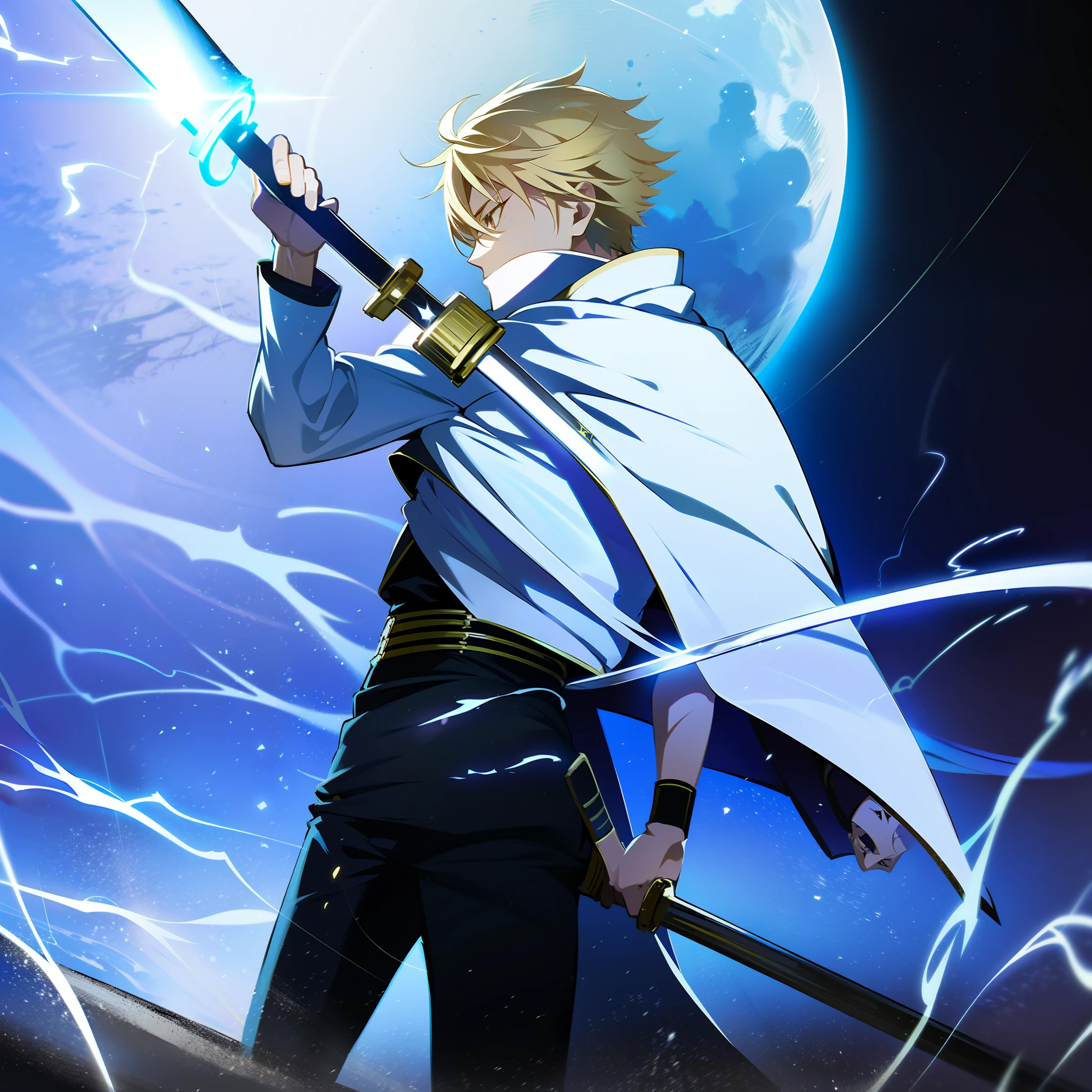 Swordsman,white,blonde,with a yellow sword,with lightning eyes,at night,full moon,hd,best picture,wallpaper,anime photography,drawing,hd