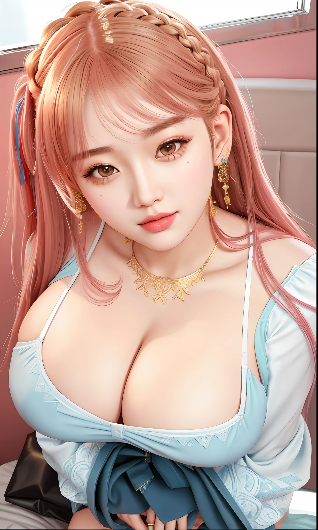 An Idol k-pop girl, cute girl, sexy girl, white braid hair, intricate face details, detailed face, golden ratio face, big breast, big butt, big hip, big thighs, full body, 64K, UHD, HDR, high quality, high detailed, hyper detailed, extremely detailed, photo realistic, ultra realistic, art photo, clarify the details, detailed parts body, intricate artwork masterpiece, trending on artstation