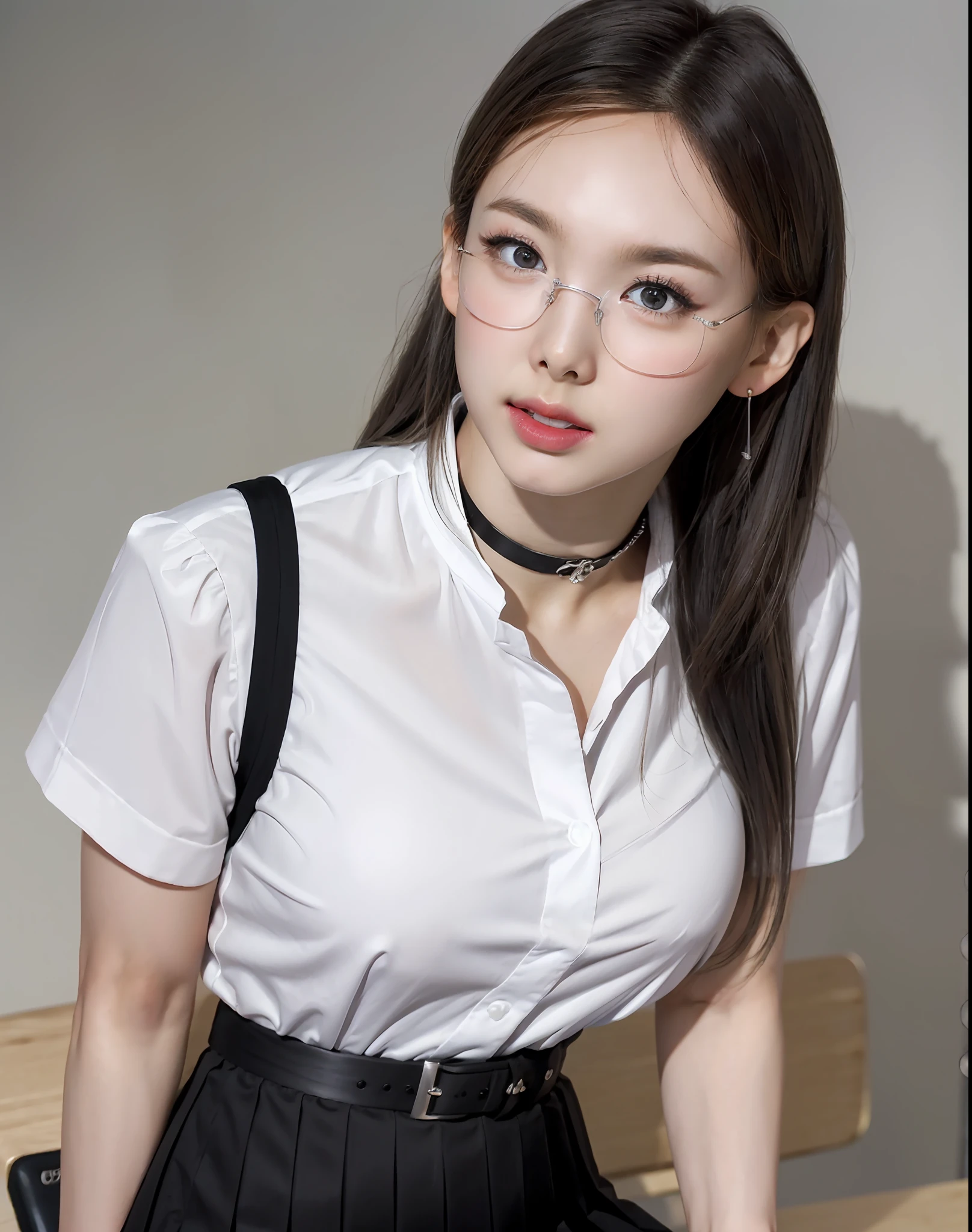absurdres, 1girl, blush, (realistic:1.5), (masterpiece, Extremely detailed CG unity 8k wallpaper, best quality, highres:1.2), (ultra_detailed, UHD:1.2), perfect illumination, distinct, (1girl:1.4), looking at viewer, unreal engine, sidelighting, perfect face, detailed face, perfect body, beautiful eyes, pretty face, (bright skin:1.4), idol, (abs), ulzzang-6500-v1.1,,((narrow waist)),(blonde hair),MAHALAIUNIFORM,(((WHITE SHIRT SHORT SLEEVES))),((BLACK polished PENCIL SKIRT)),((BLACK PLEATED SKIRT)),((in the classroom)),(choker),((white shirt short sleeves )),((black pencil skirt)),(belt),((sitting on the table)),(Full body:1.4),bangs,((glasses)),sharp eyes,peck the corners of the mouth,silver earrings,silver watch,((medium breast))