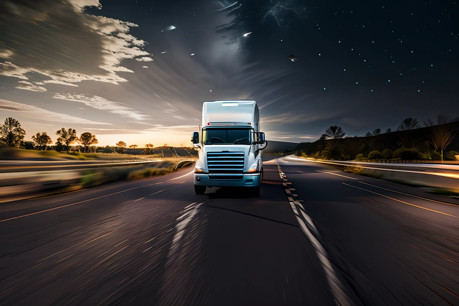 high quality, truck, driving truck, high speed, detailed design, night driving
