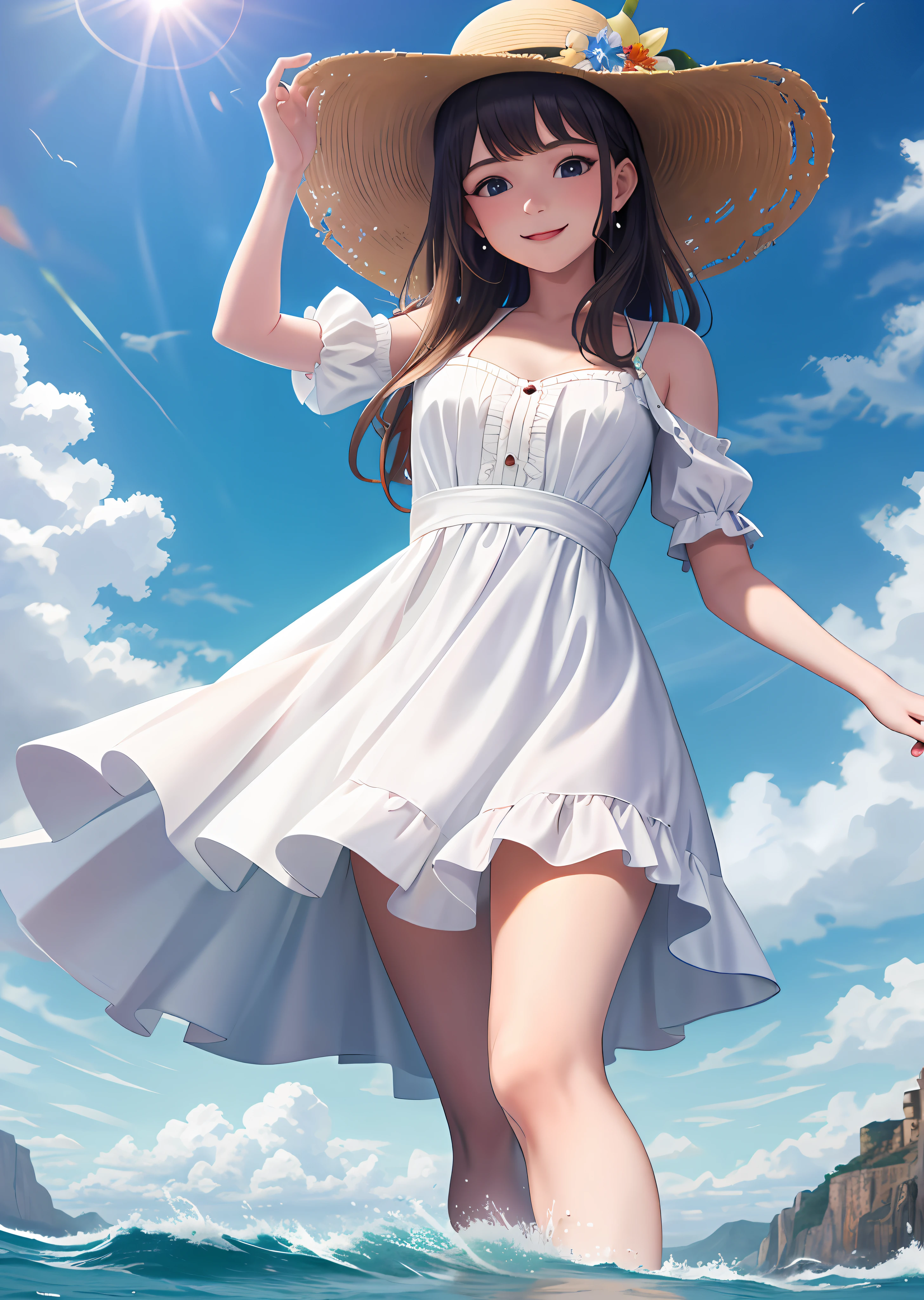 absurdres, 1girl, ocean, railing, white dress, sun hat, smile, (realistic:0.75), (waving:0.9),