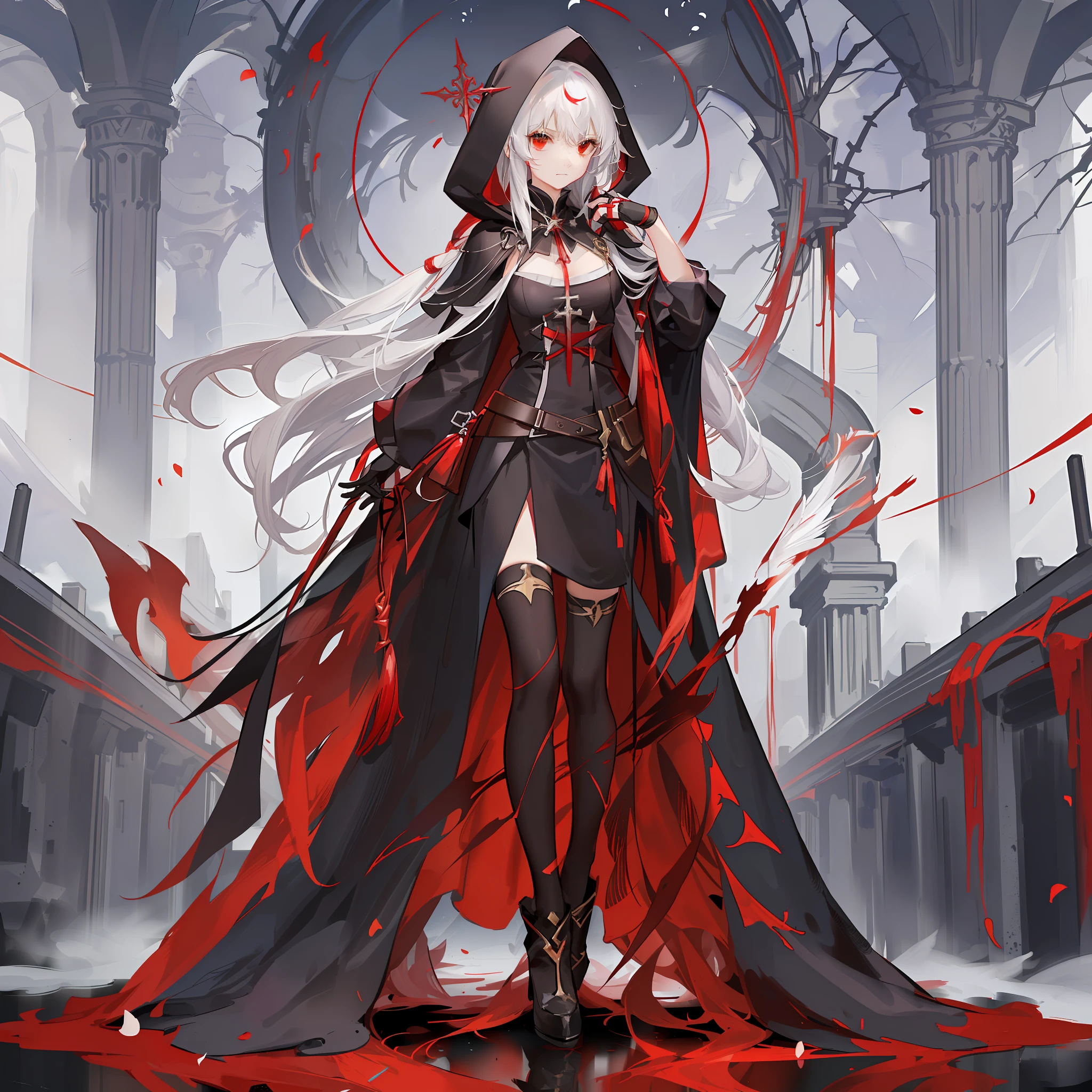 Maiden, round red thread striped black robe, hood, cape, red eyes, long white hair, faint smile, standing posture, full body, mage, holy girl