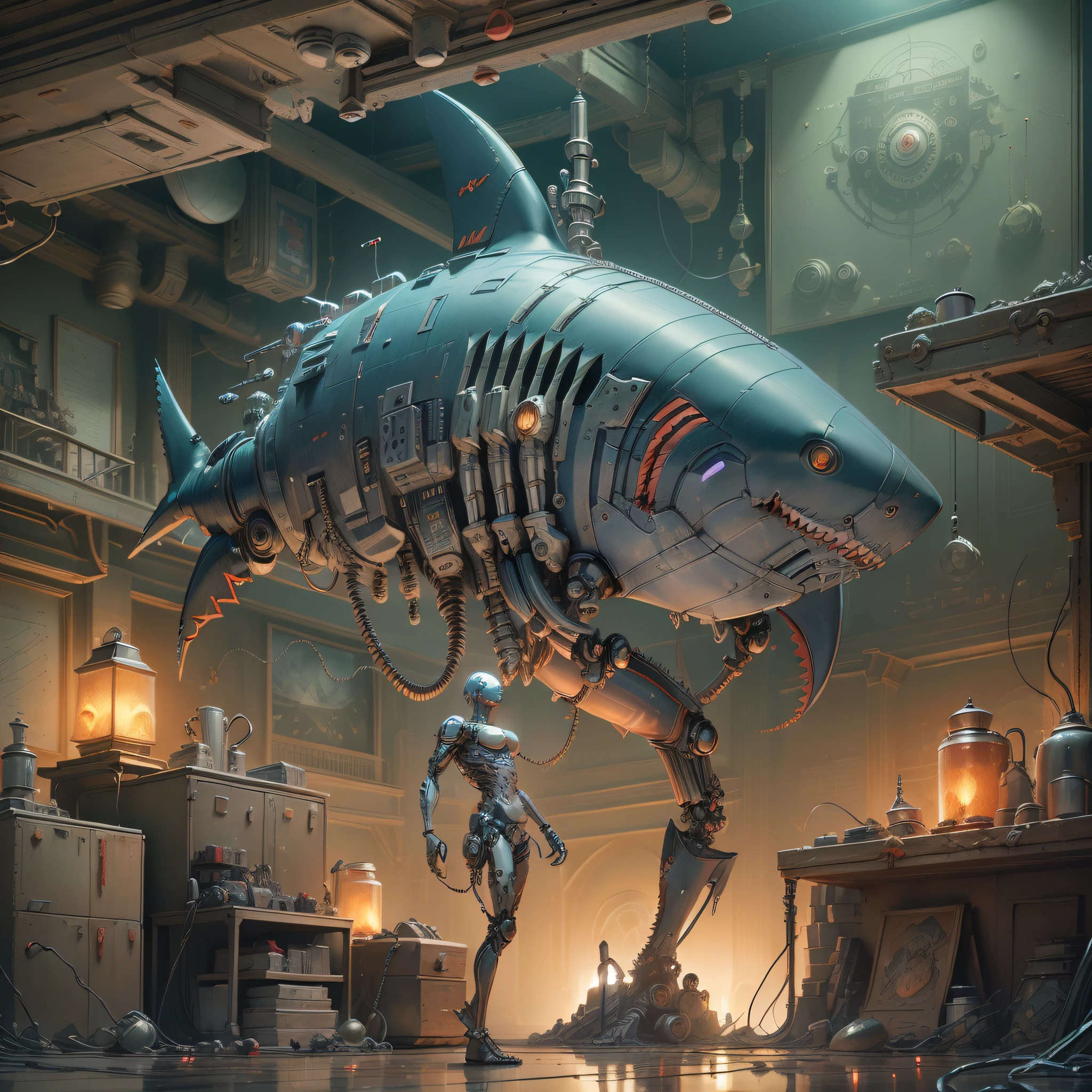 (((masterpiece))), ((best quality)), ((ultra-detailed)), (CG illustration), cinematic light, ((1 mechanical shark)), single, full, ((mechanical limbs)), (blood vessels attached to tubes), ((clockwork core)), (wires and cables attached to the body: 1.5), (character focus), science fiction, ruins