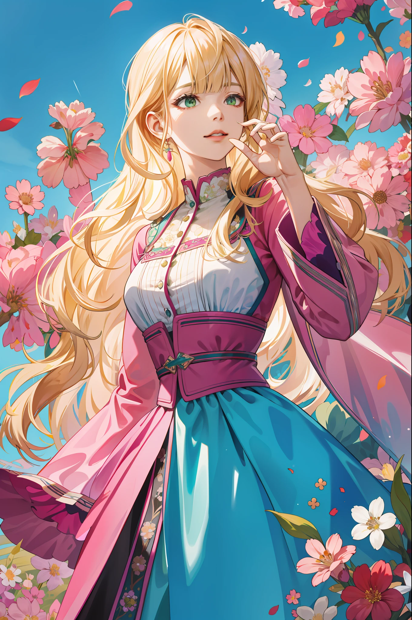 (absurdres, highres, ultra detailed), 1girl, mature female, wavy blonde hair, long hair, blunt bangs, green eyes, pink dress, finely detailed eyes and detailed face, extremely detailed CG unity 8k wallpaper, intricate details, BREAK , kaleidoscopic imagery, symmetrical patterns, vibrant colors, geometric shapes, mesmerizing designs, optical illusions, dynamic composition BREAK , pantomime art, expressive body language, silent storytelling, evocative gestures, visual narratives, theatrical performances BREAK , blooming flowers, colorful petals, fragrant scents, nature's bounty, vibrant gardens, peaceful scenery
