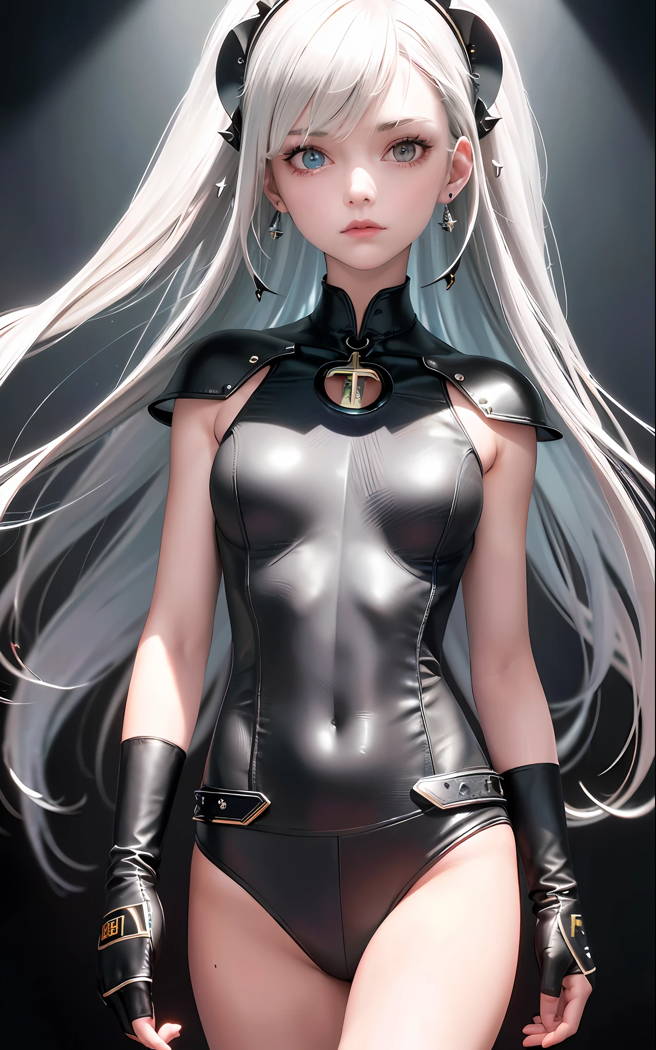 Best, Masterpiece, High Resolution, Best Quality, Ultra HD, Super Detail, Award-Standing, 16k, (Upper Body), Beautiful Maiden, Gray Hair, Hair, ((Heterochromia)), Vertical Pupil, Hanging Eye Corner, Fair Skin, (Small), (Slim Body), ((Holy Academy - Correctional Department)), Stud Earrings, (Neck Rings), (Short Glove as Short as Half the Palm)