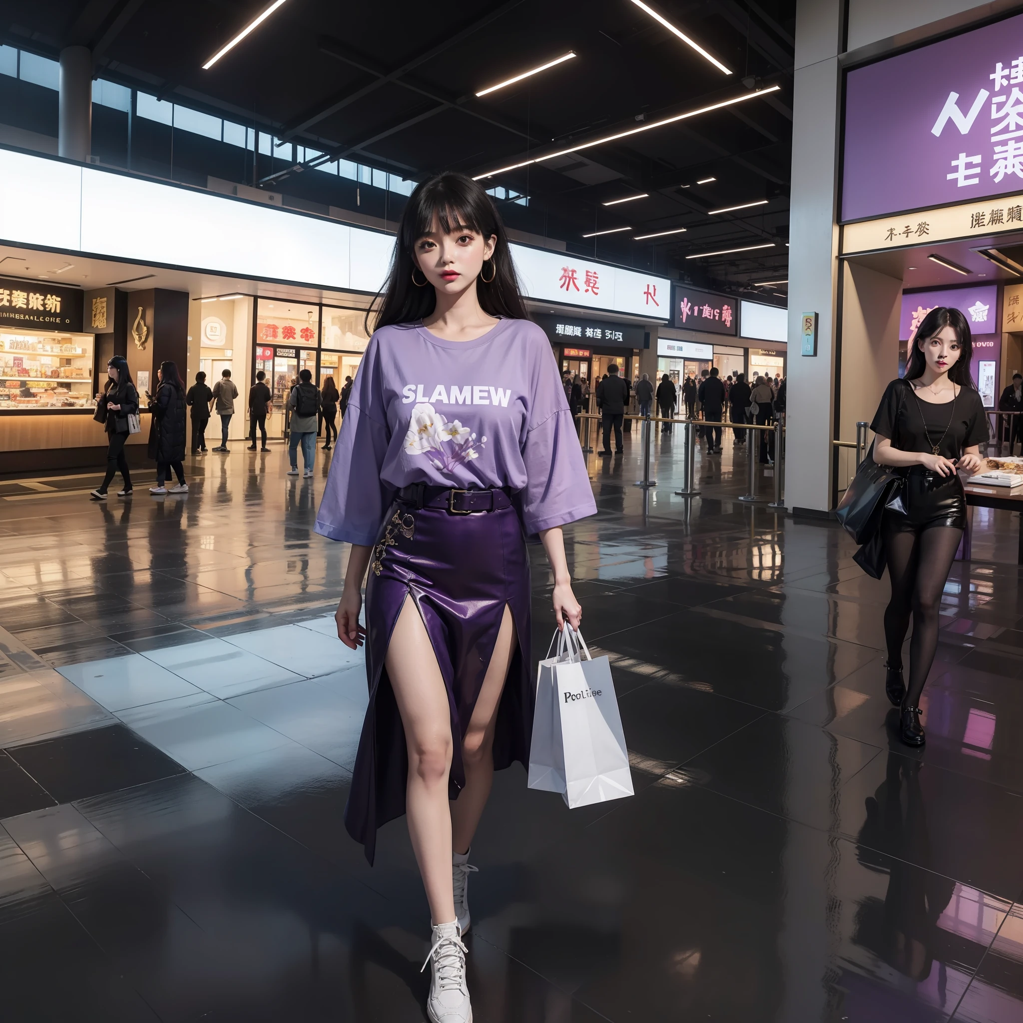 A beautiful girl, shopping malls, walking posting,, t shirt vector, chinese violet, loish, 600mm, 16k, 3d, academicism, new european painting, one piece, googie architecture, retro interior design, indie outfit, pop outfit, city background