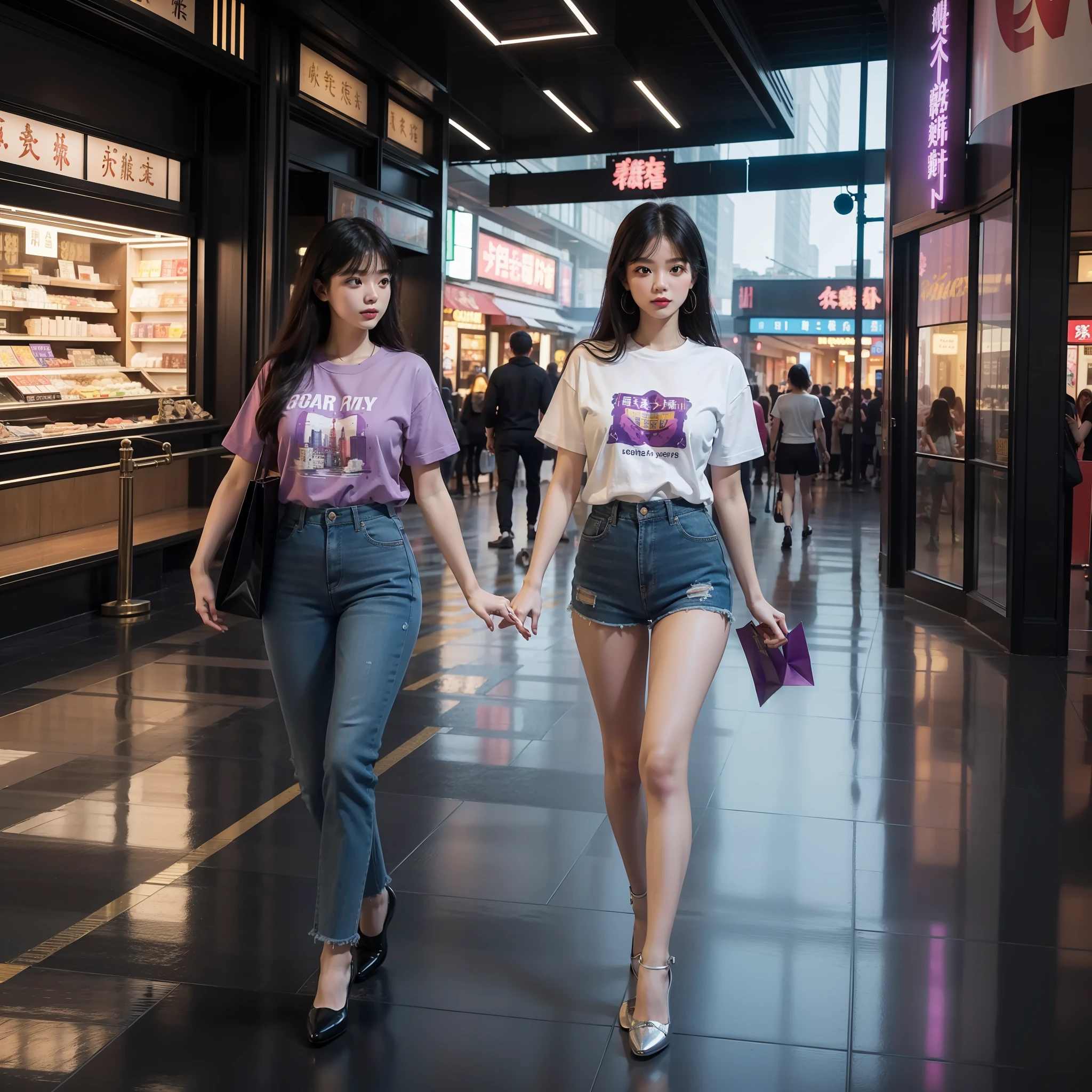 A beautiful girl, shopping malls, walking posting,, t shirt vector, chinese violet, loish, 600mm, 16k, 3d, academicism, new european painting, one piece, googie architecture, retro interior design, indie outfit, pop outfit, city background