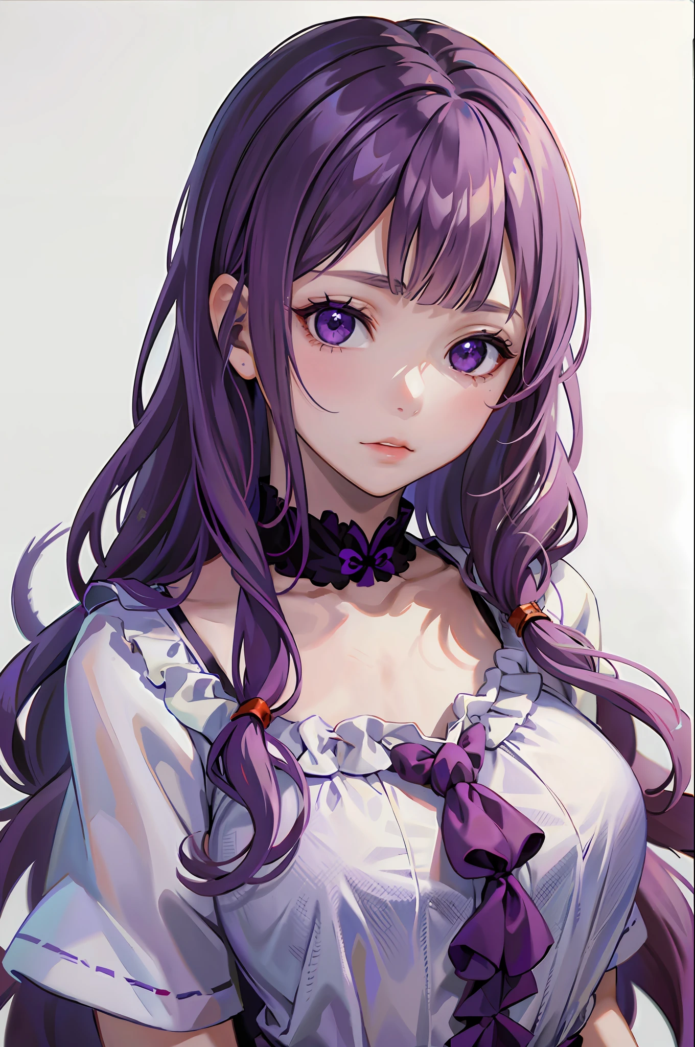 POV, ((masterpiece, best quality)), upper body, 1girl, solo, (white background:1.3), (simple background:1.3), long hair, purple hair, *//*, purple eye, *//*, white blouse, looking at viewer