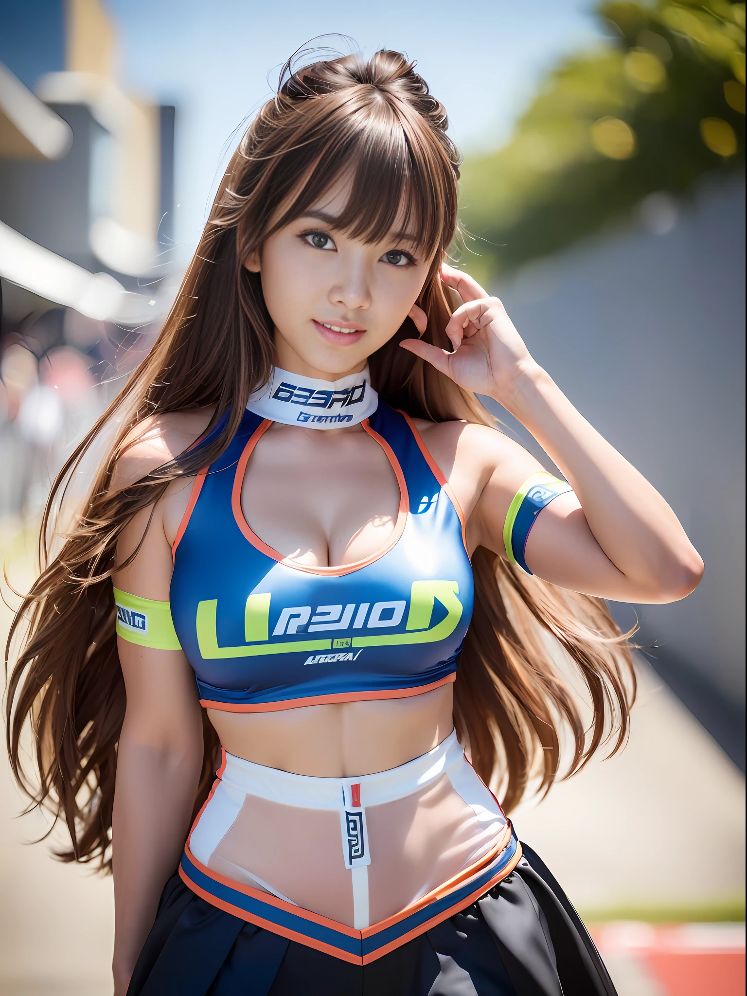 Masterpiece, Ultra High Definition, (Photorealistic:1.4), 8K, RAW Photography, Best Quality, Detail Shadows, Best Quality, Amazing, Fine Detail, Official Art, Absurdity, Soft Lighting, Sharp Focus, (Bokeh:1.5), Frontal Light, Bloom, Film Lighting, Light on the Face, (Cowboy Shot: 1.5), Look at the Viewer,
1 person, (Big: 1.2), (cleavage:1.2), (light brown hair:1.2), (long hair:1.3), (bangs:1.5), Very cute, (narrow waist:1.8), (abs:0.7), 23yo,(clavicle:1), (wide forehead:1), (Japan face:1.3), (drooping eyes:1.8), (wide forehead:1.5), (fair skin:1.5), (transparent skin:1.3),(Japan idol:1.3) , (Cute:1.3), (laughs:1.6), Grid Girl, (Race Queen), (Wearing a grid girl costume with sponsor's logo printed on it:1.4), (Colorful:1.8), (Standing in a motorsport race:1.5), (Motor circuit: 1.5), Racing car, (Skirt: 1.1), (Sleeveless: 1.8),
Photorealistic