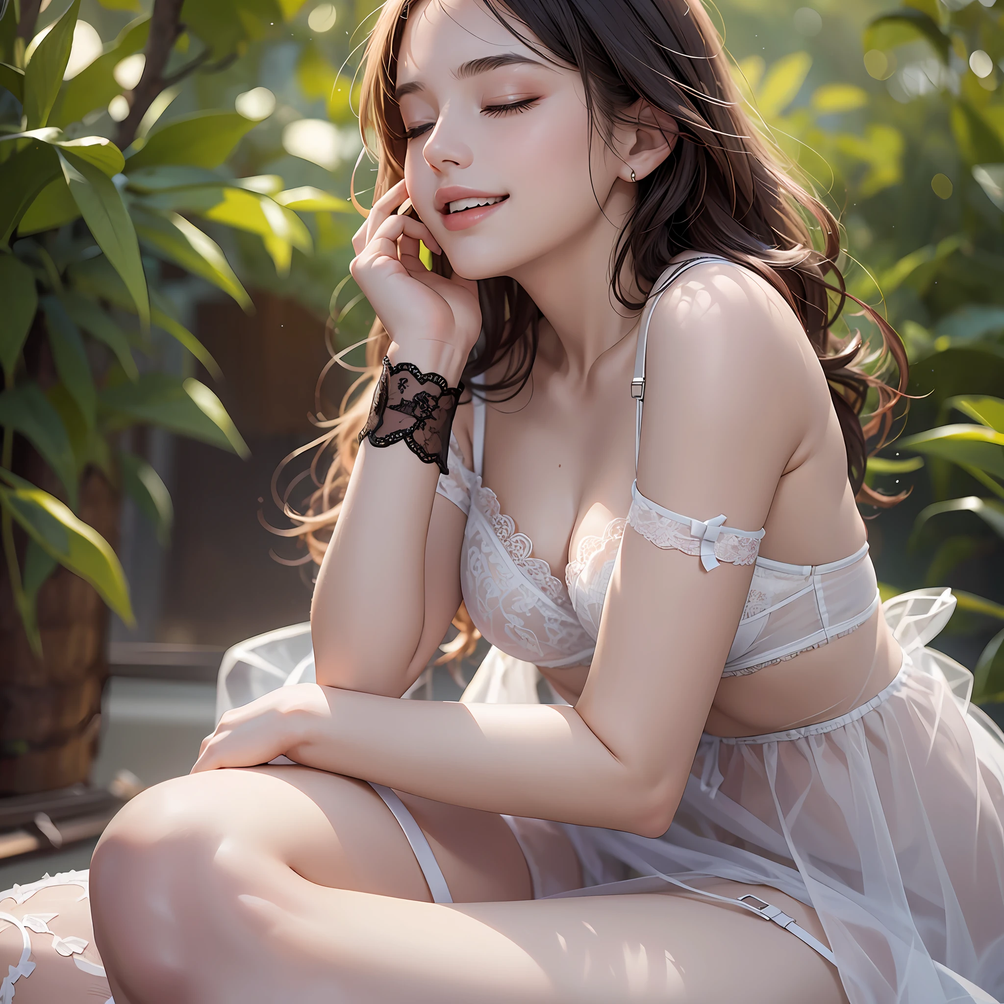 Photo,best quality, masterpiece,8k, of the most beautiful girl, , small dress, lingerie carrier garter, sitting, semi open legs, excited with eyes closed --auto --s2