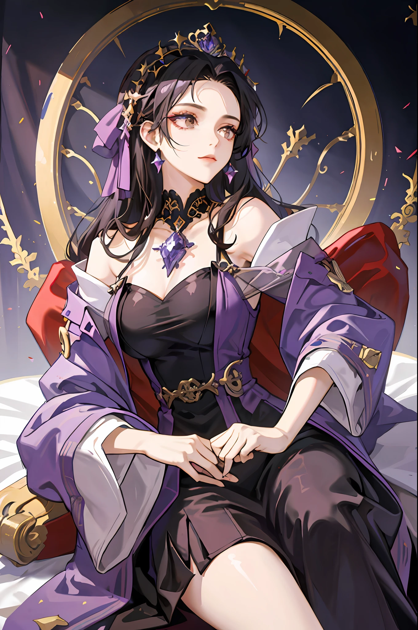 ((Masterpiece: 1.2, highest quality)), 1 woman, long black hair, brown eyes (gorgeous: 1.4), purple robe, fantasy, elegant, royalty, fantastic light and shadow, highly detailed face, strong woman, fortuneteller