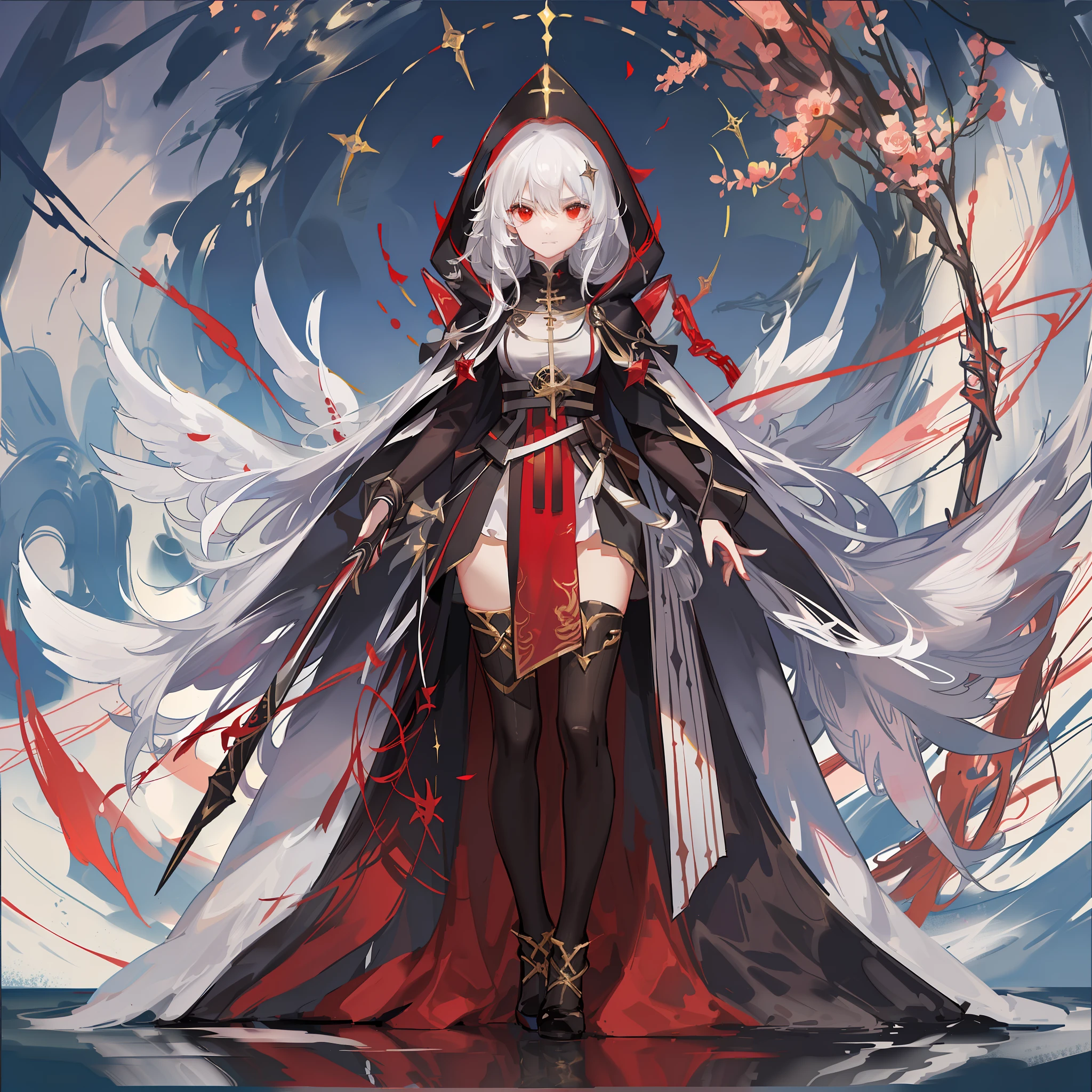 Maiden, round red thread striped black robe, hood, cape, red eyes, long white hair, faint smile, standing posture, full body, mage, holy girl