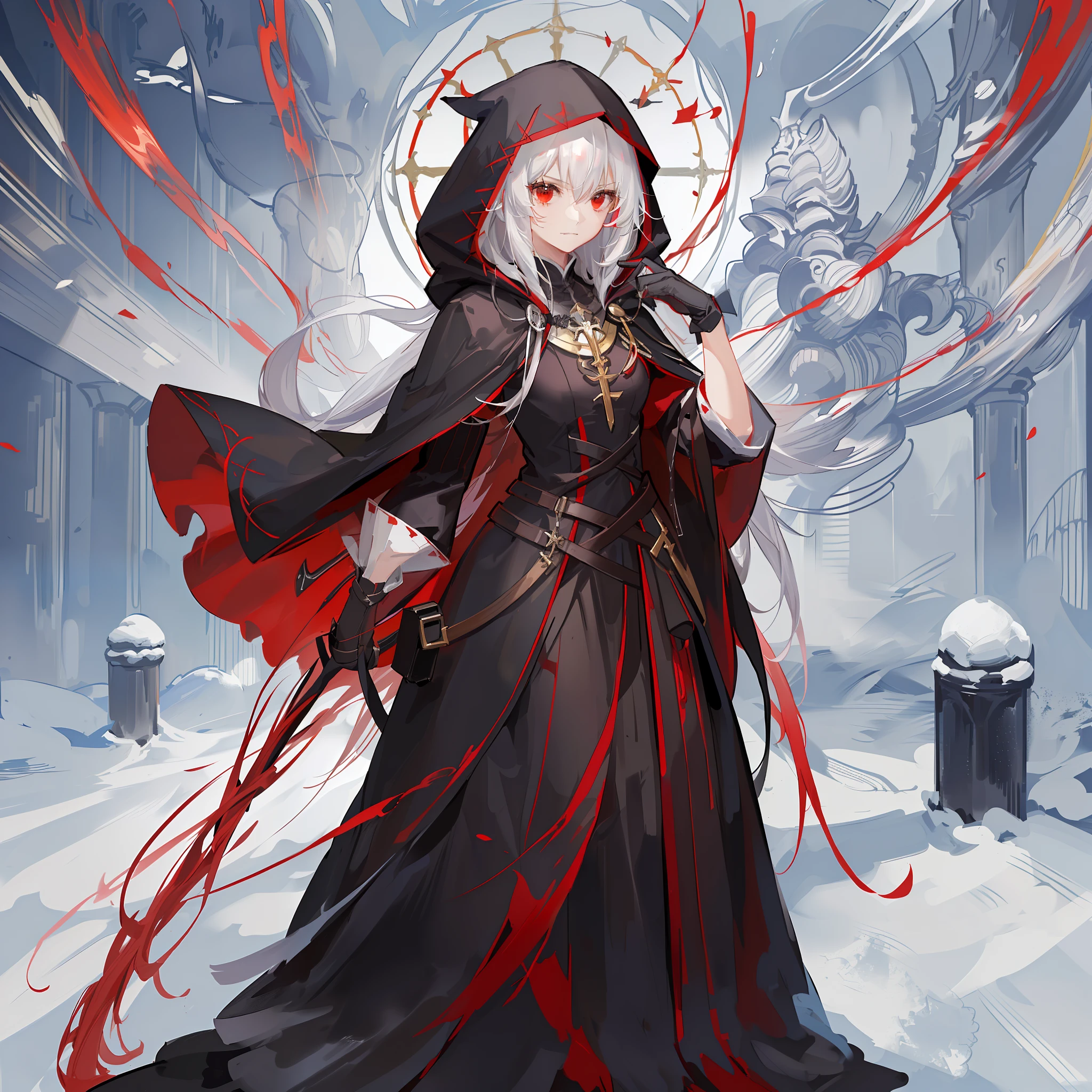 Maiden, round red thread striped black robe, hood, cape, red eyes, long white hair, faint smile, standing posture, full body, mage, holy girl