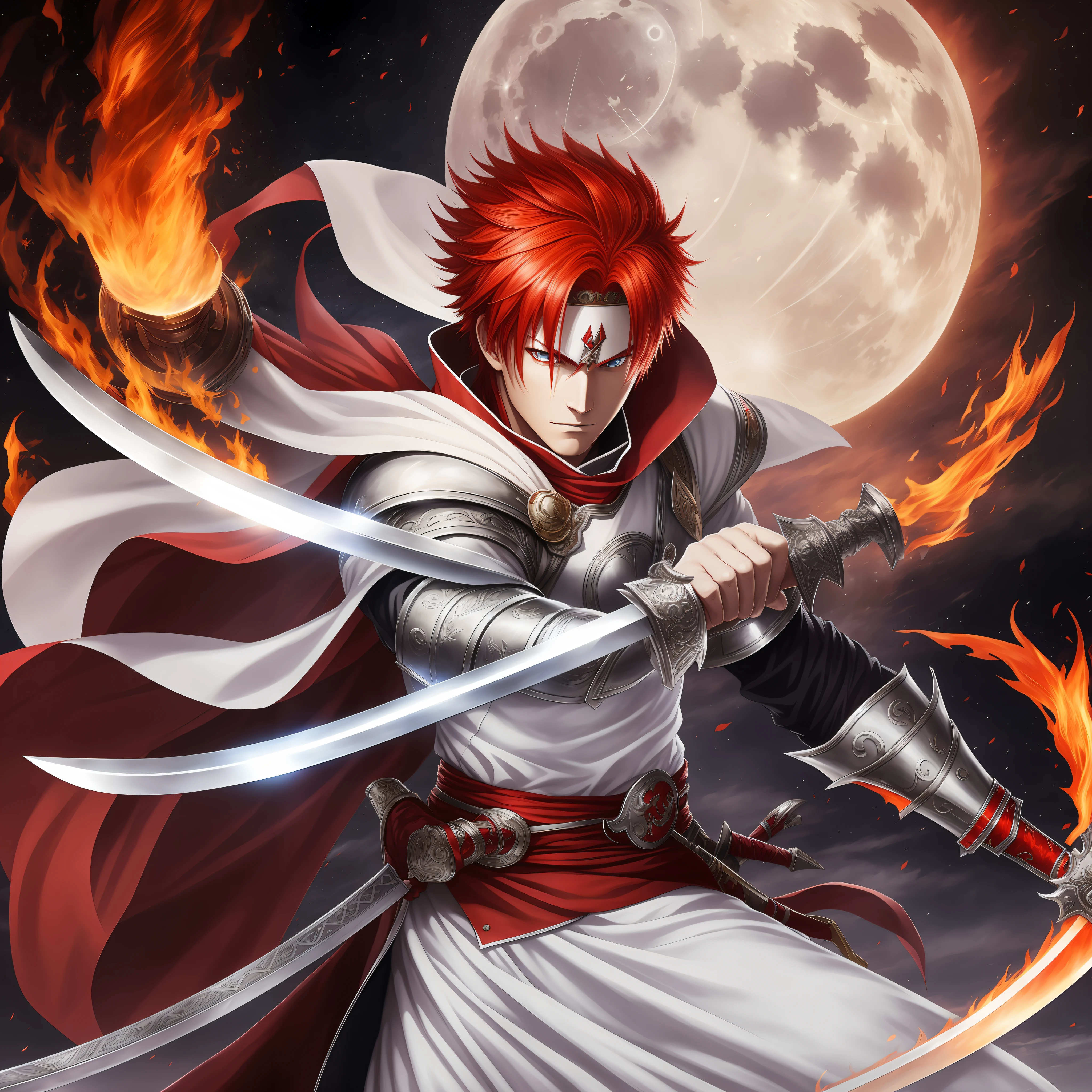 Swordsman,white,with fire red hair,with a red sword,with fire eyes,at night,full moon,hd,best picture,wallpaper,anime photography,drawing, hd