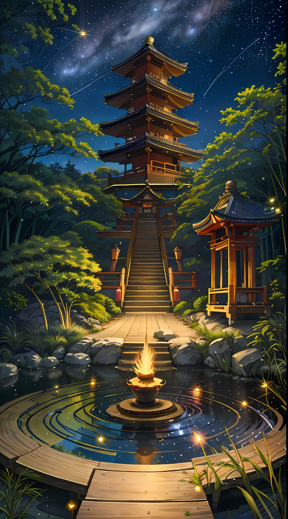 Japanese garden, small bridge and flowing water, night starry sky, night sky, fireflies, bamboo forest, extreme details, realistic light, epic composition, (complex details), (complex design, ultra-detail: 1.2), art station, (Masterpiece, Best Quality), Ultra HD, 32k, (((big planets on sky))), (((starry sky))) --v 6