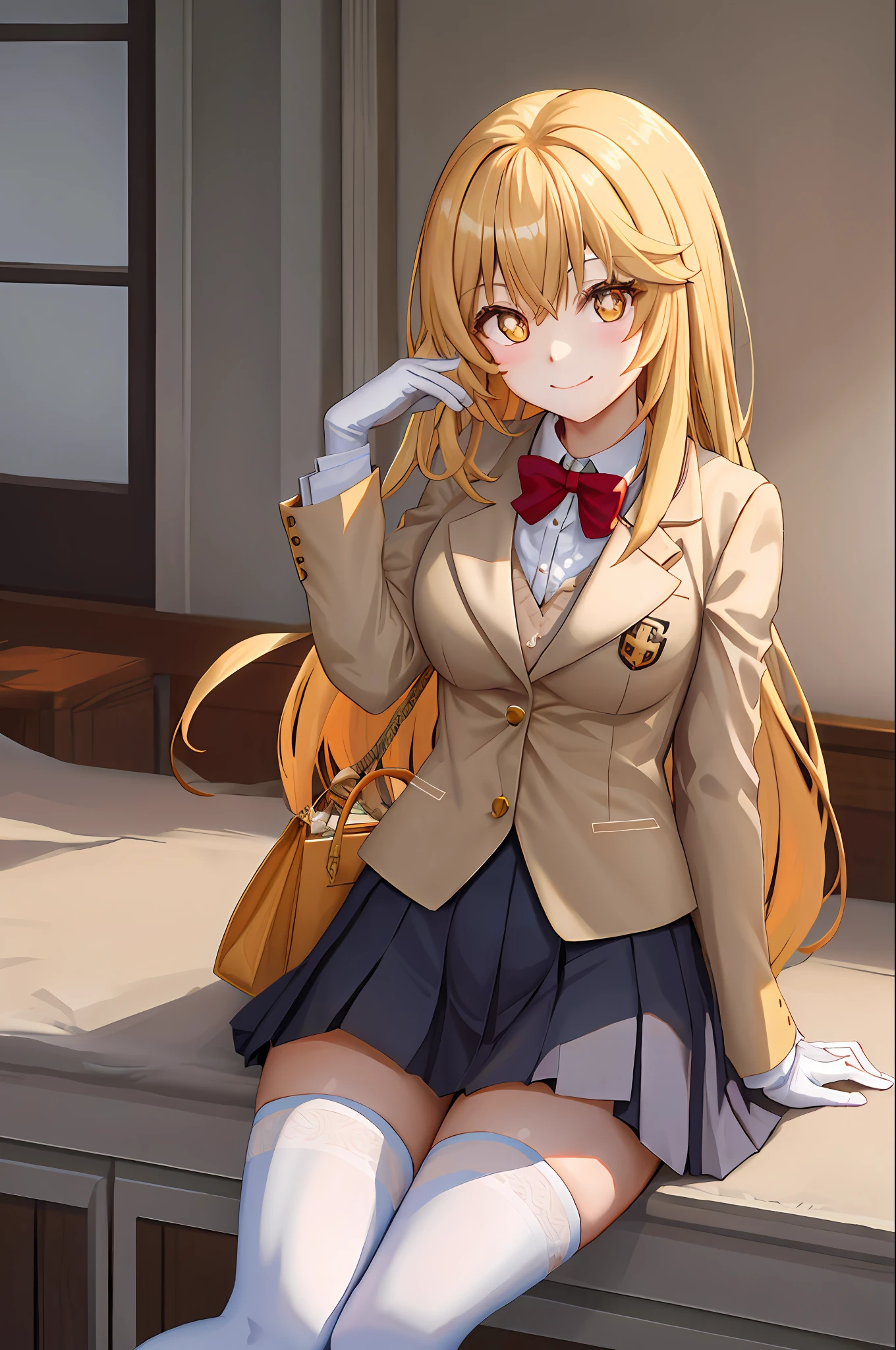 best quality, highres, 1girl, shokuhou misaki, long hair, tokiwadai school uniform, school uniform, blonde hair, stockings, gloves, skirt, sweater vest, white stockings, white gloves, +_+, elbow gloves, yellow eyes, pleated skirt, short sleeves, symbolic pupils, big breasts, jacket, blazer, sitting, crossed legs, smiling,