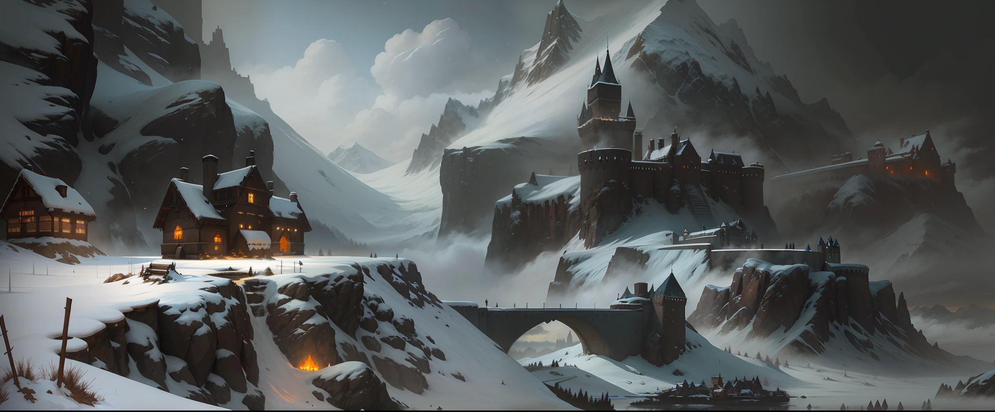 snowy mountain landscape with a castle and a mountain in the background, winter concept art, medieval concept art, painterly concept art, concept art painting, inspired by Andreas Rocha, fantasy concept painting, inspired by Jakub Rozalski, the witcher concept art, conceptart, inspired by Raphael Lacoste, painted as a game concept art, concept art illustration