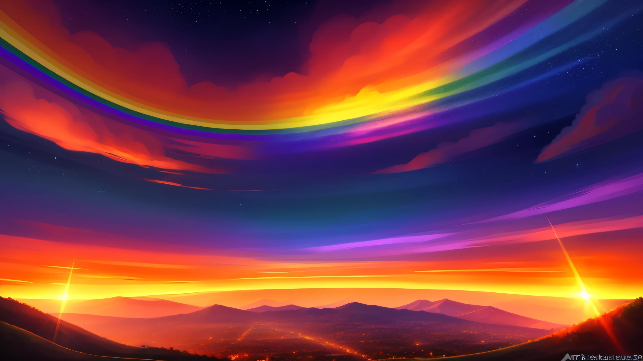 trending on artstation, uploaded on e621, rating:questionable, sunset clouds, wide shot, starry sky, wallpaper 8k, no characters, sparkles, rainbow, mild explosion, landscape,