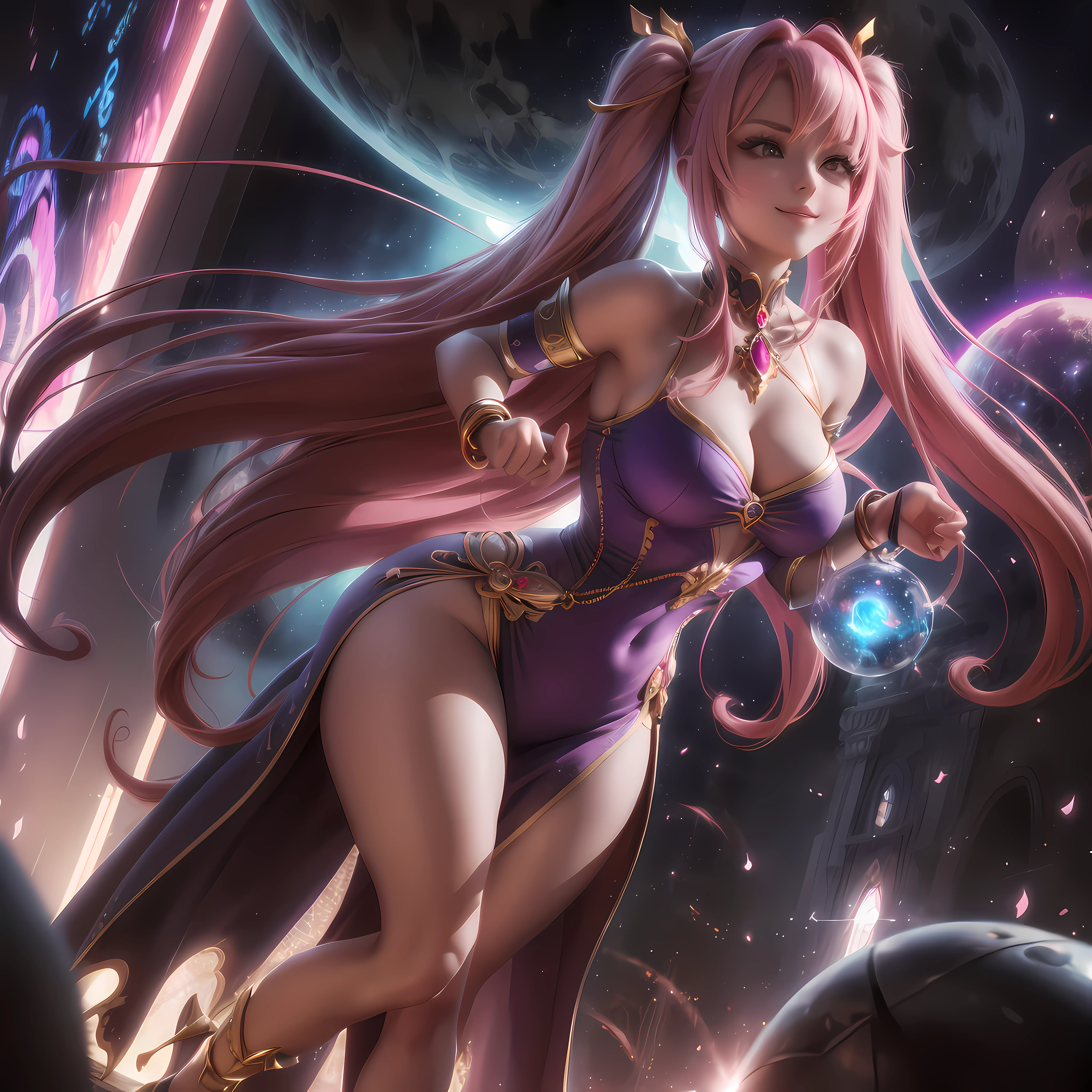 1 girl, blush, breasts, long_hair, pink_hair, purple_hair, twin tails, very_long_hair, bracelet, bare_shoulders, cleavage, dress, jewelry, navel, large_breasts, smile, multicolored_hair, pink_legwear, thighs, holding, high_heels, pink_dress, highly detailed RAW color photo, beautiful young woman, dynamic pose, (wide hips), (detailed skin), (detailed lips), (detailed eyes), (cosmic: 1.4),  (necropolis: 1.1), (science fiction setting) (detailed face), (curves), red clothing, detailed eyes, chromatic aberration, depth of field, soft lighting, masterpiece, best quality, intricate, (lens reflection: 0.7), (bloom: 0.7), particle effects, ray tracing, tone mapping, highly detailed, concept art, smooth and sharp focus, dramatic lighting, highly detailed art, cinematics, hyperrealistic painting,  trend in Artstation, 8K, incredible shadows, realistic, (very detailed background: 1.2), mid-trip art, breasts resting on a bed