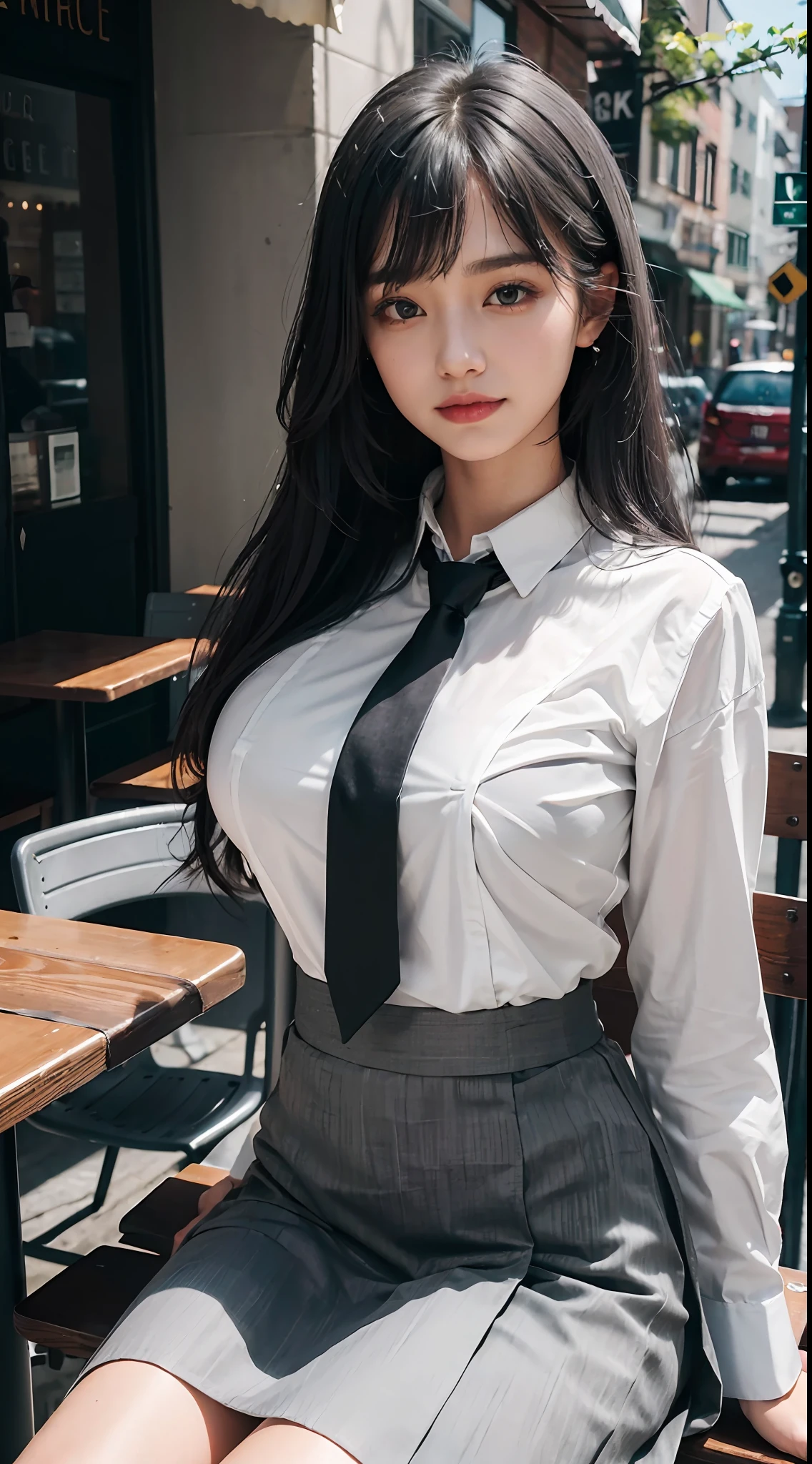 ((Best Quality, 8k, Masterpiece:1.3)), 40k, photography, Perfect Body Beauty:1.4, cinematic lighting, black long hair, straight Bangs, (white shirt with dark grey tie and dark grey long skirt:1.4) , (in front of cafe:1.2), Highly detailed face and skin texture, Detailed eyes, Double eyelids, whitening skin, perfect face, (:1.5), (daytime), smile, (school girl 18 years old), coffee on table, (a girl sitting in front of cafe), --s2