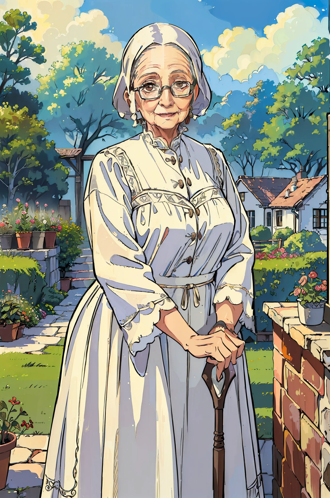 (old woman:1.5), (looking at viewr:1.5), (old woman:1.5), solo, smile, brown hair, glasses, cane, (old woman:1.5), cowboy shot, grandmother, garden