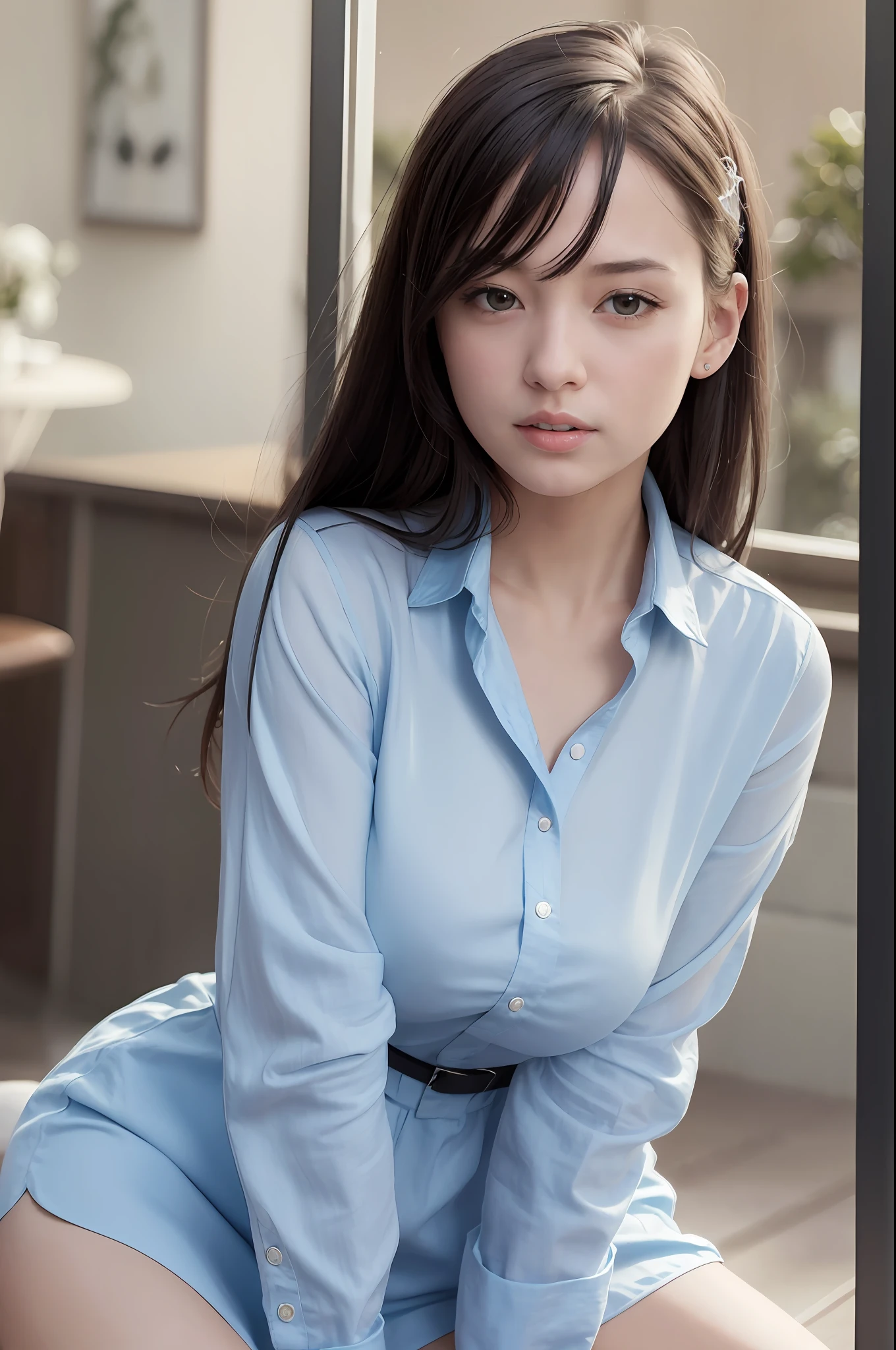 (8k, best quality, masterpiece:1.2), (realistic, photo-realistic:1.37), ultra-detailed, 1 girl, cute, solo, beautiful detailed sky, detailed cafe, night, sitting, dating, (nose blush), (smile:1.15), (closed mouth) small breasts, beautiful detailed eyes, (collared shirt:1.1), night, wet, business attire, rain, white lace, (short hair:1.2), floating hair NovaFrogStyle, topless,