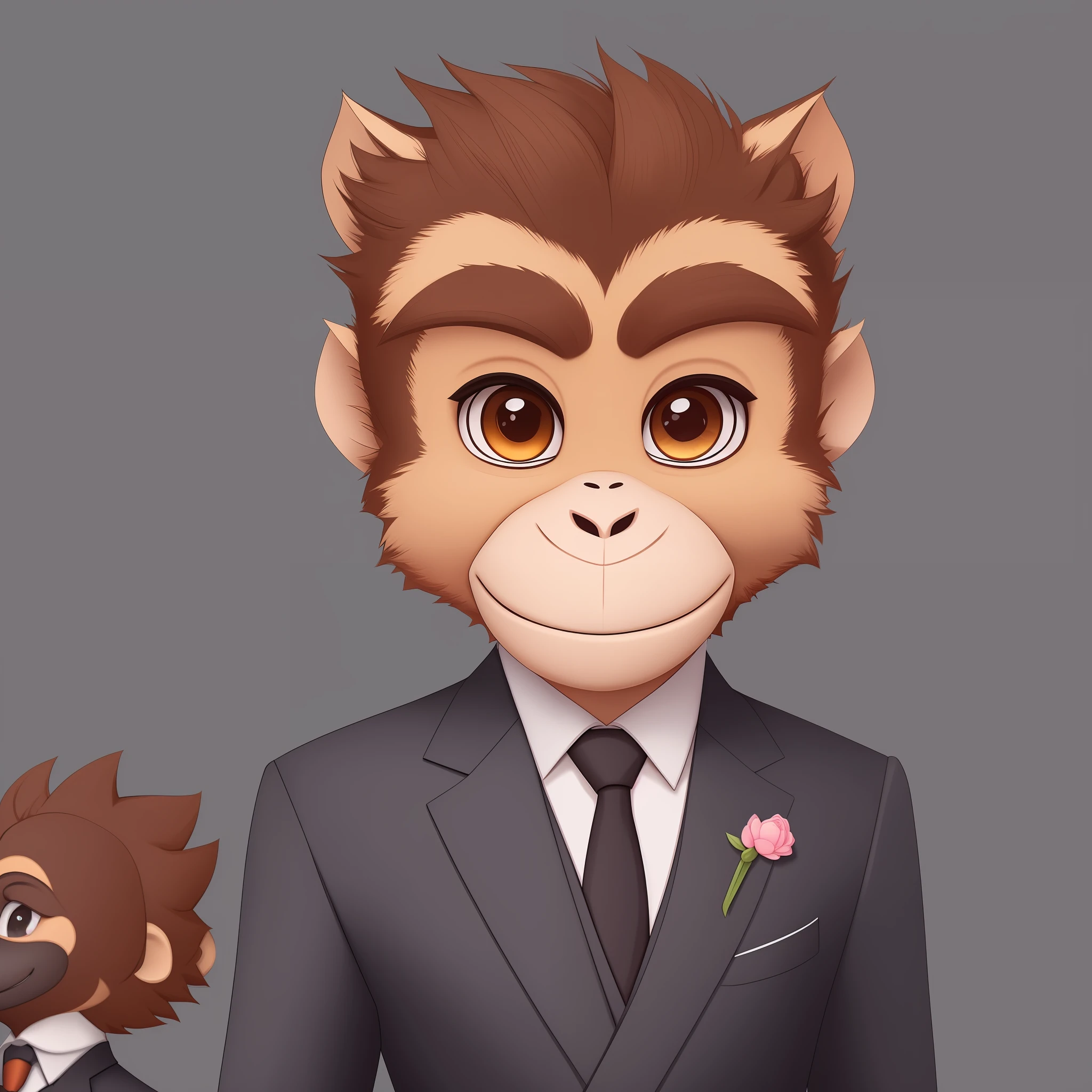 A closeup of a monkey wearing formal clothes, wearing suits!, furries wearing tails, adorable digital painting, cute digital art, cute detailed digital art, commission on furaffinity, suits, zootopia-style, stylized character design, game character art, anthropomorphic monkey, extremely happy monkeys, separate images