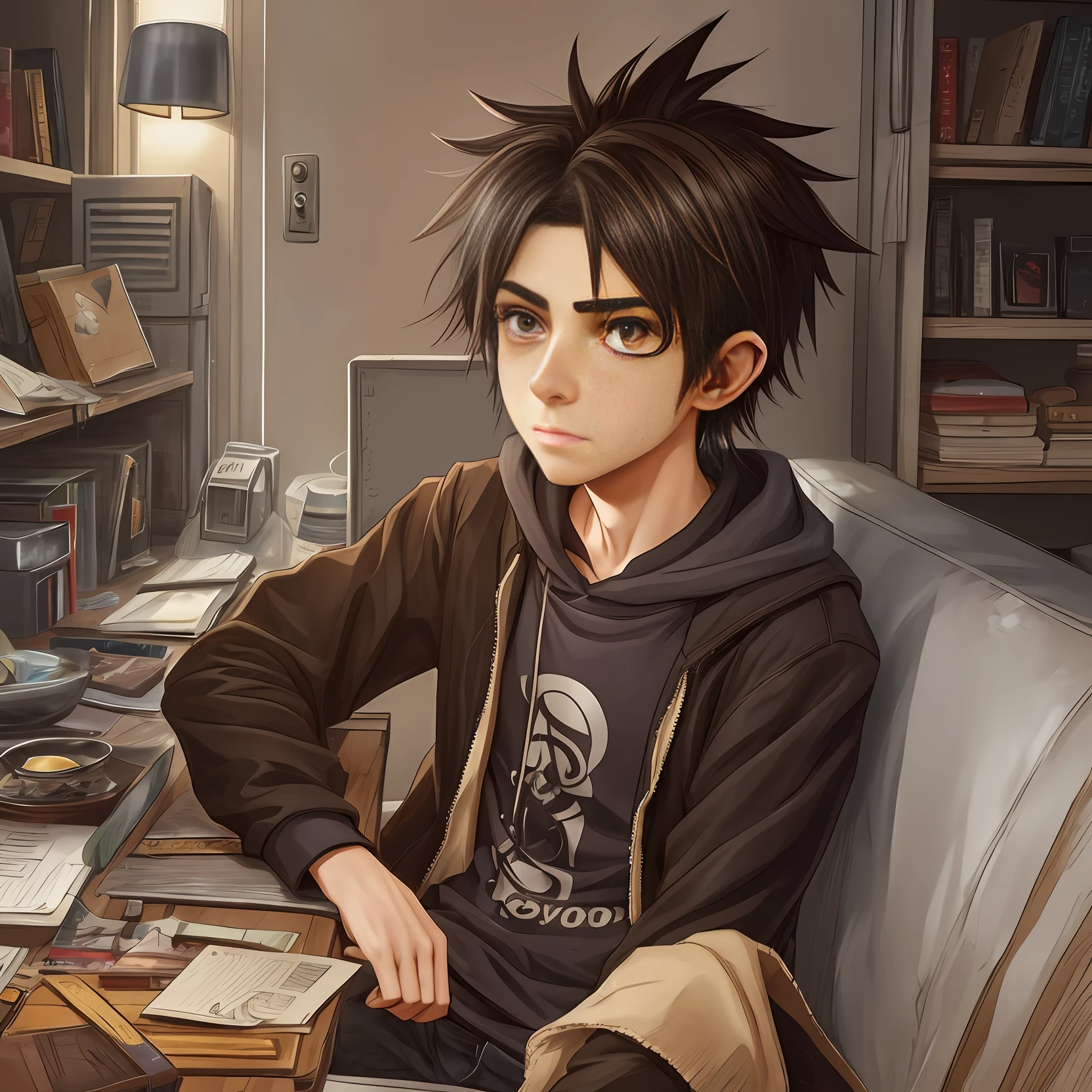 2d character, young, goth, short, nerdy, weird, messy hair, skinny, round nose, ugly, brown eyes apart, freckles, very ugly. --auto --s2