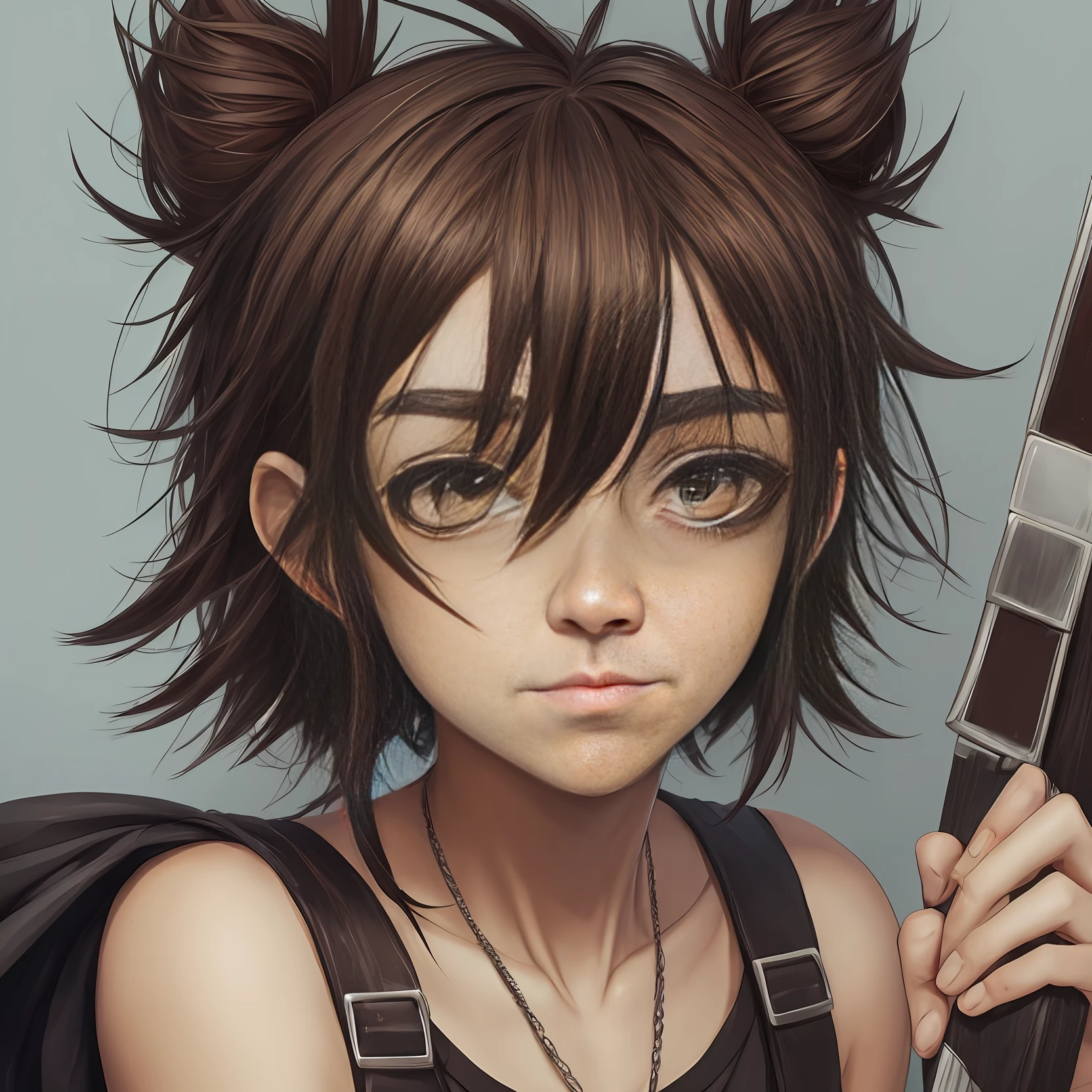 2d character, young, goth, short, nerdy, weird, messy hair, skinny, round nose, ugly, brown eyes apart, freckles, very ugly. --auto --s2