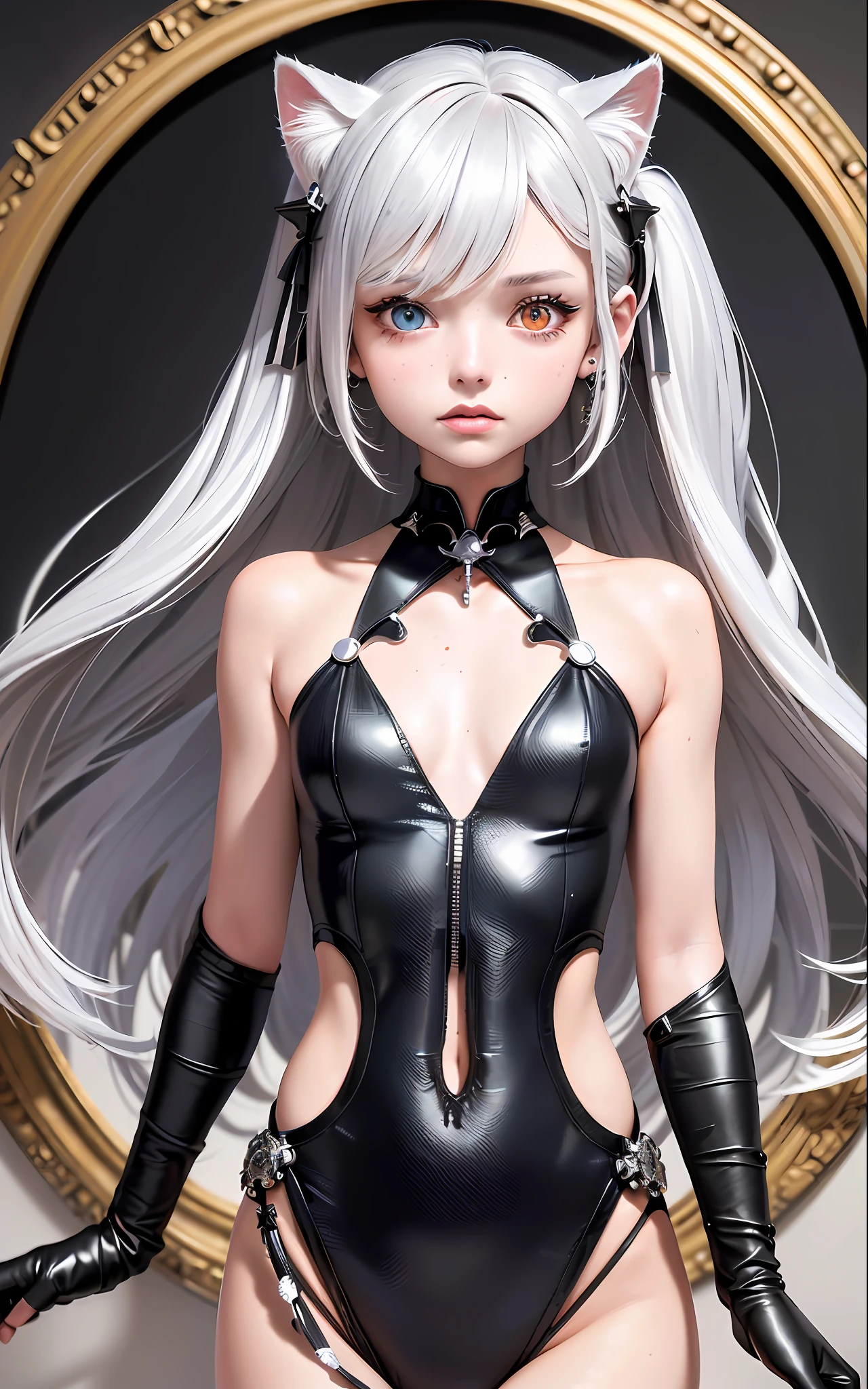 Best, Masterpiece, High Resolution, Best Quality, Ultra HD, Super Detail, Award-Standing, 16k, (Upper Body), Beautiful Maiden, Gray Hair, Hair, ((Heterochromia)), Cat's Eyes, Hanging Eye Corners, Fair Skin, (Small), (Slim Body), ((Holy Academy - Disciplinary Department)), Stud Earrings, (Neck Rings), (Short Glove as Short as Half the Palm)