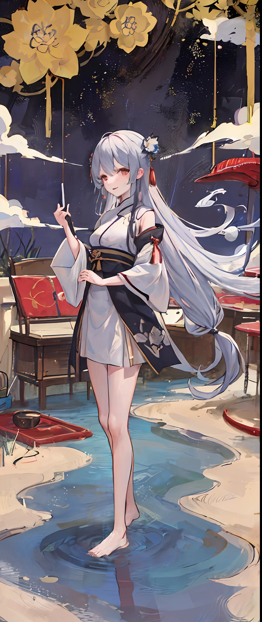 ((4k,masterpiece,best quality)), shuimobysim, traditional chinese ink painting, lotus, hanfu, maxiskit, dress conservatively 1girl, solo, long blue hair, smile, standing, feet in the water, barefoot,
