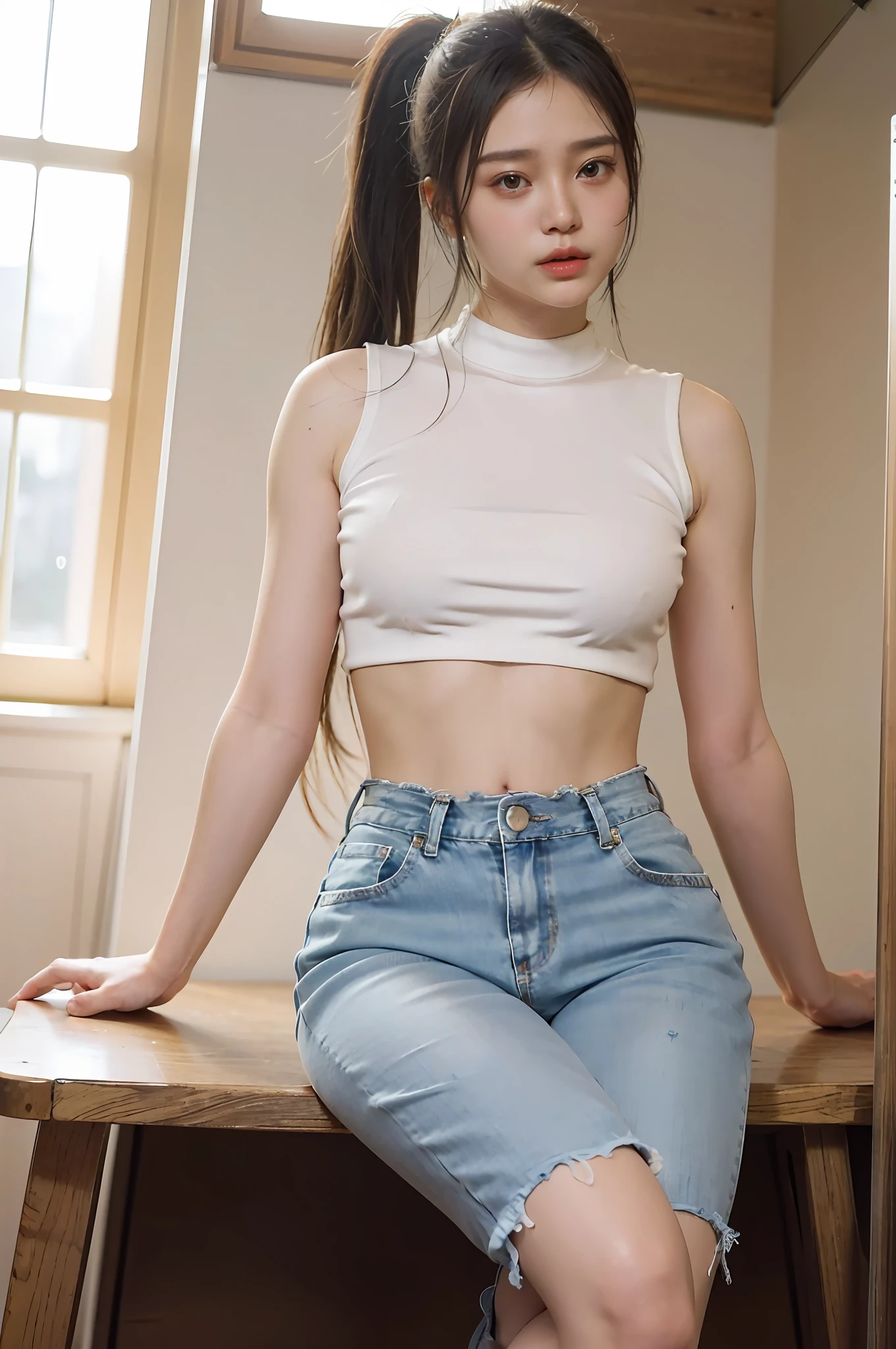 Realistic, photorealistic, 8k HD, masterpiece: 1.5, angle lens, center view, Arad asian woman swinging in crop top tight long jeans and cream shirt, cute schoolgirl, slim and perfect figure, ( fashionable high ponytail fluffy short straight hair: 1.2), Japanese 18 year old girl, wearing long tight jeans with ripped tight long jeans (low waist crop top, micro flared, trousers: 1.5), (ripped jeans: 0.6), (branded jeans: 1.5, realistic detailed jeans texture:1.5, Realistic detailed jeans graininess: 1.5), surreal schoolgirl, dress up as schoolgirl, surreal schoolgirl, realistic schoolgirl, schoolgirl pose, Full body: 1.5, beautiful skin, glowing skin, beautiful thighs, perfect thighs, perfect calves, white and tender toes, best quality, white skin, real skin, (detail face), goose egg face, pores, super high resolution, (8k, RAW photo, photorealistic:1.4), 1girl, slim, (looking at the audience with a serene goddess-like eye happiness:1.2), ( stylish high ponytail fluffy straight hair: 1.2, lip gloss, eyelashes, glossy face, best quality, super high resolution, wide lighting, natural shadows), fair pink toes: 1.5, thin heeled strap sandals: 1.5, full body (1.5)