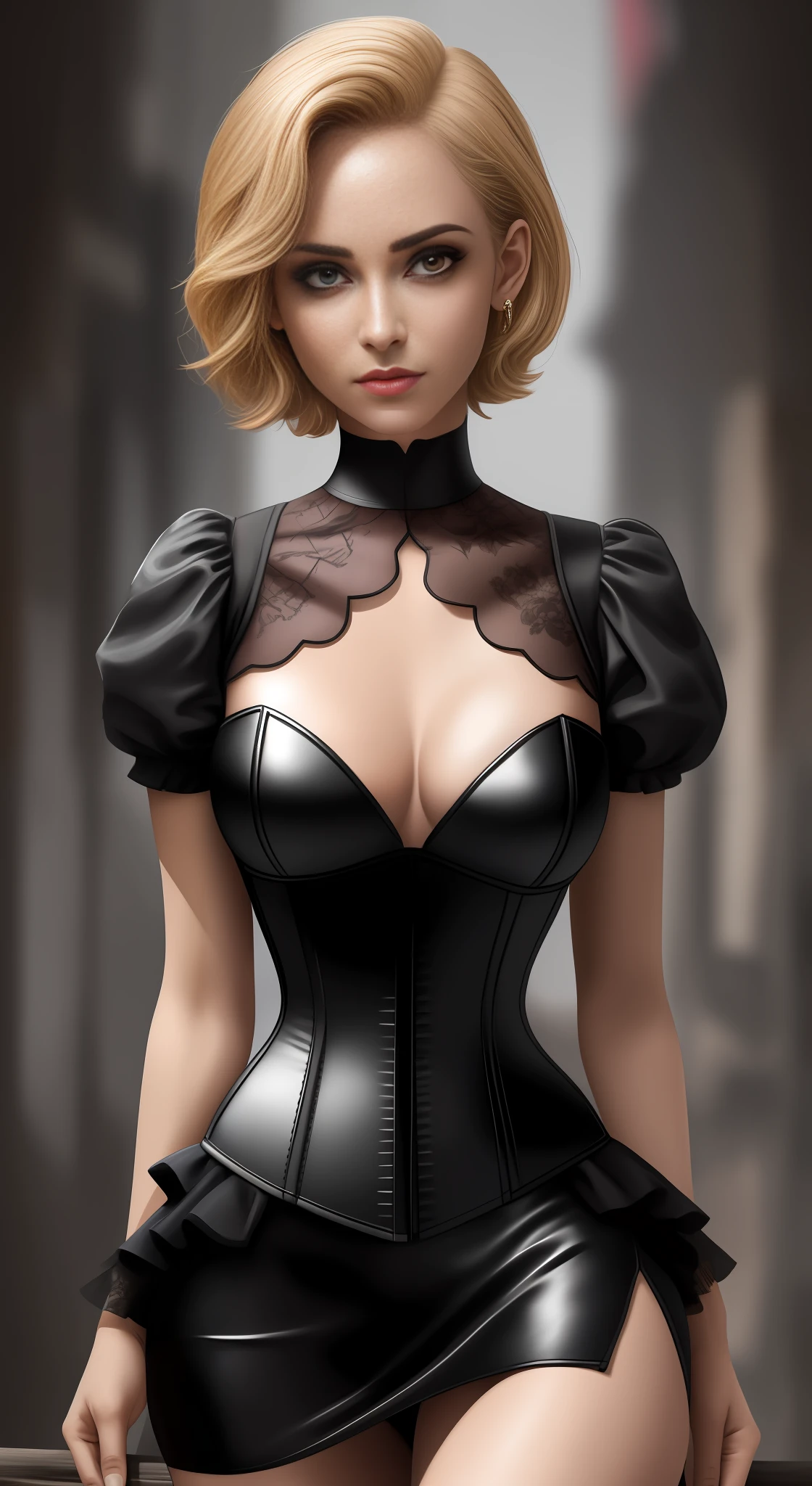 Foto de (Carol Barcelos:1.1) ((Top Quality, 8k, Masterpiece: 1.3)), Nítido Foco: 1.2, Mulheres Bonitas com Figura Perfeita: 1.4, Slender Abs: 1.2, ((Layer-cut, Big: 1.2)), (Rain, Street: 1.2), Wet Body: 1.5, Highly Detailed Face and Skin Texture, Detailed Eyes, Double Eyelids, Very Short Hair, Studio, BDSM, slave, Black Corset, Bondage, Collar, saia justa, contido, calcinha à parte,  de baixo