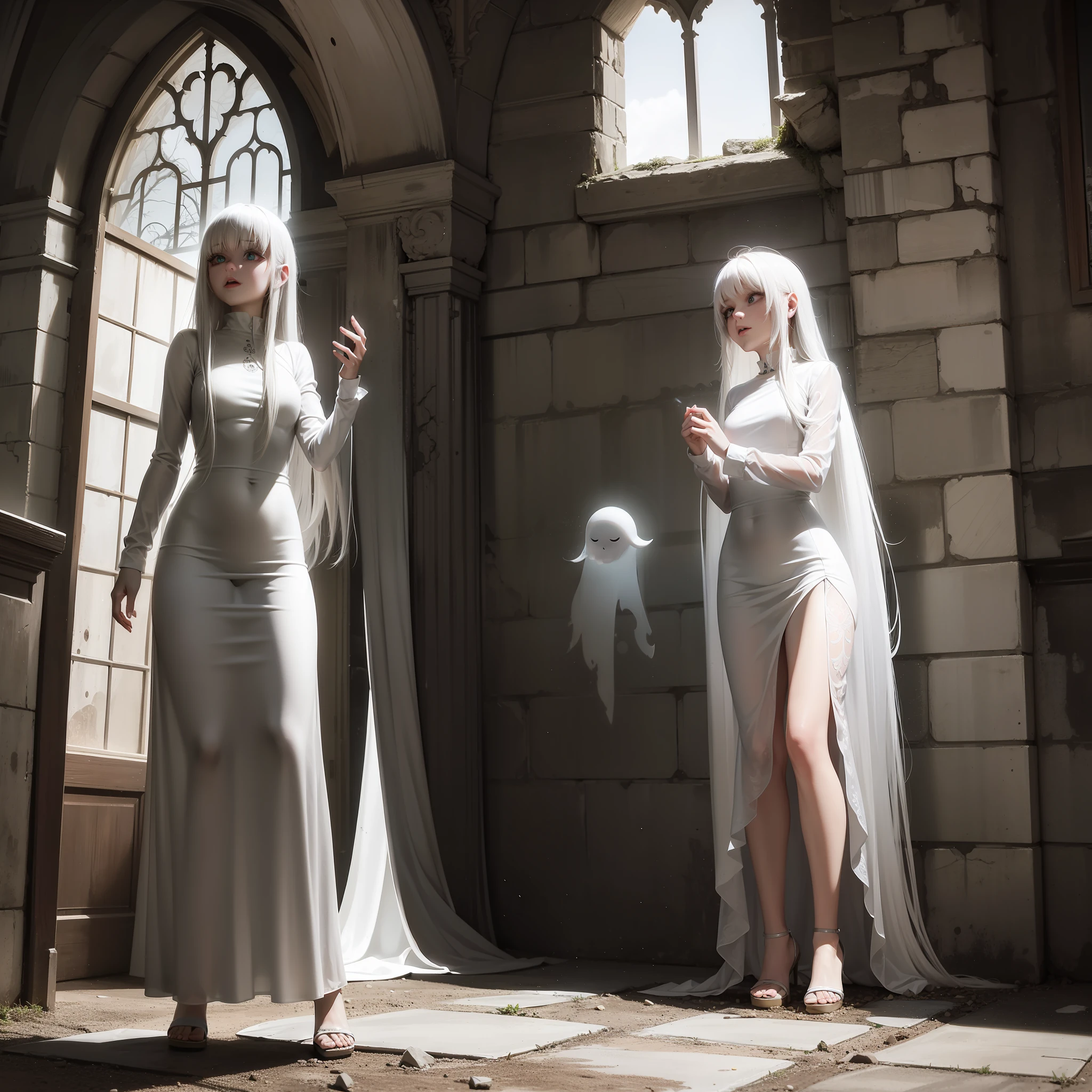 horror ghost girl, terror, in the abandoned castle, silver long hair, translucent body