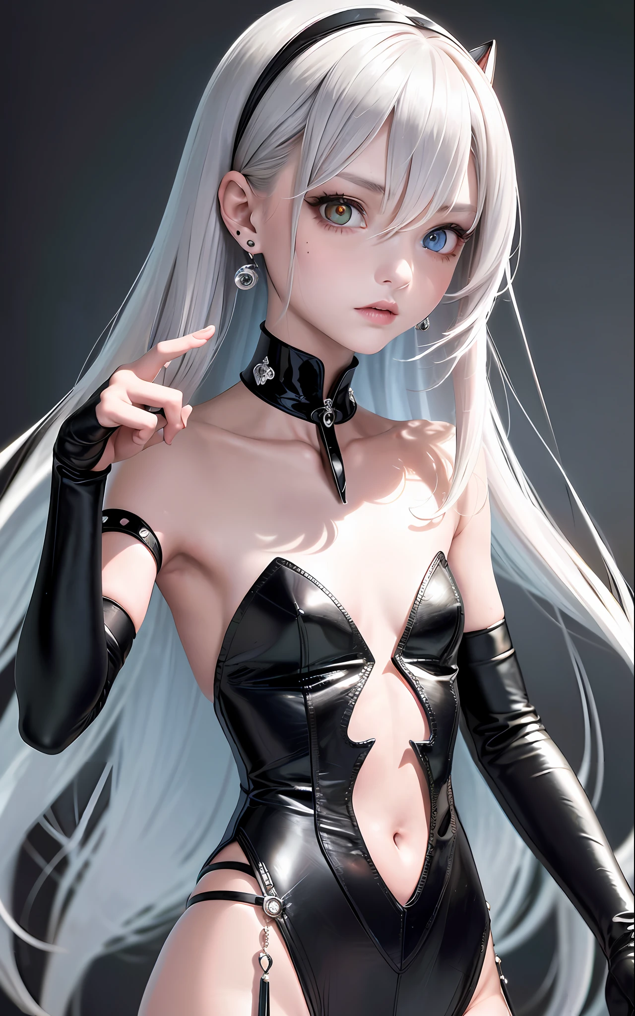 Best, Masterpiece, High Resolution, Best Quality, Ultra HD, Super Detail, Award-Standing, 16k, (Upper Body), Beautiful Maiden, Gray Hair, Hair, ((Heterochromia)), Cat's Eyes, Hanging Eye Corners, Fair Skin, (Small), (Slim Body), ((Holy Academy - Disciplinary Department)), Stud Earrings, (Neck Rings), (Short Glove as Short as Half the Palm)