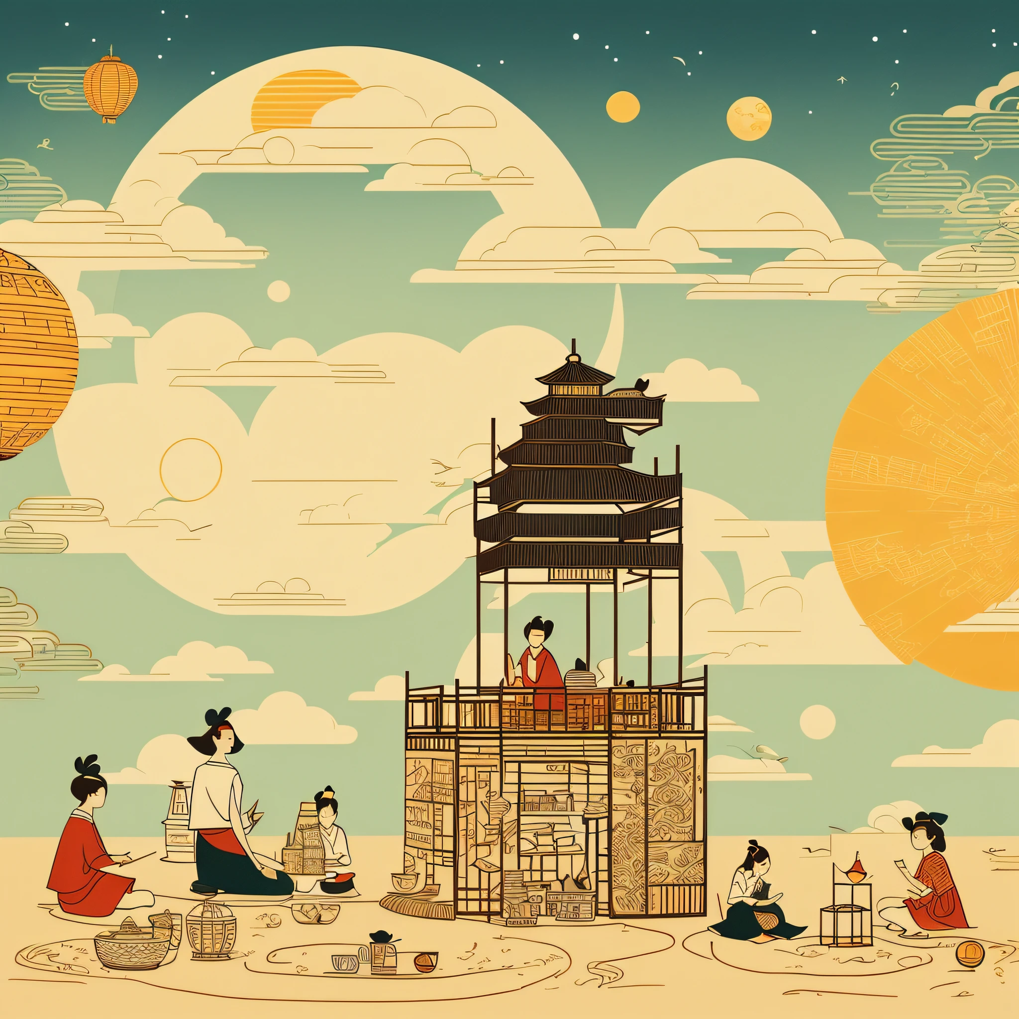 Mid-Autumn Festival packaging illustration, the whole illustration is composed of line drawings, referring to the traditional court food box structure, the picture has three people sitting in the sand, drinking tea and paper lanterns, lanterns floating in the moonlight, flat illustration, floating Chinese phoenix, Kong Ming lantern in the sky,